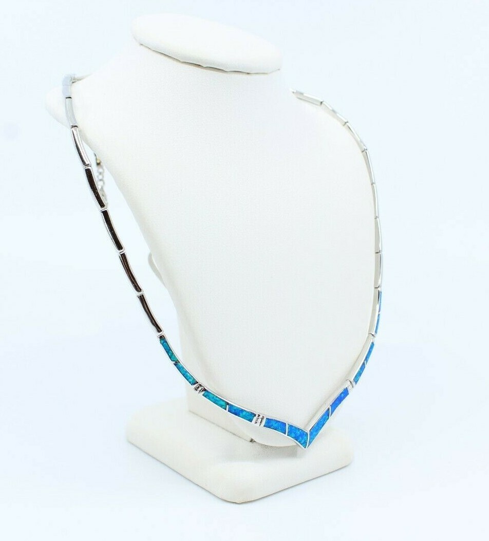 925 Sterling Silver V Necklace w Lab-Created Opal Blue Inlay – Rhodium Plated, S