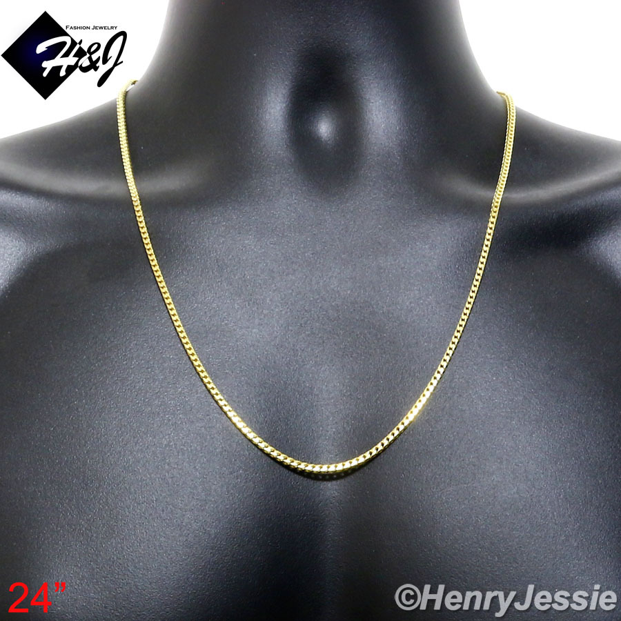 24″MEN 925 STERLING SILVER 2.5MM GOLD PLATED FRANCO BOX CURB LINK NECKLACE*SN6