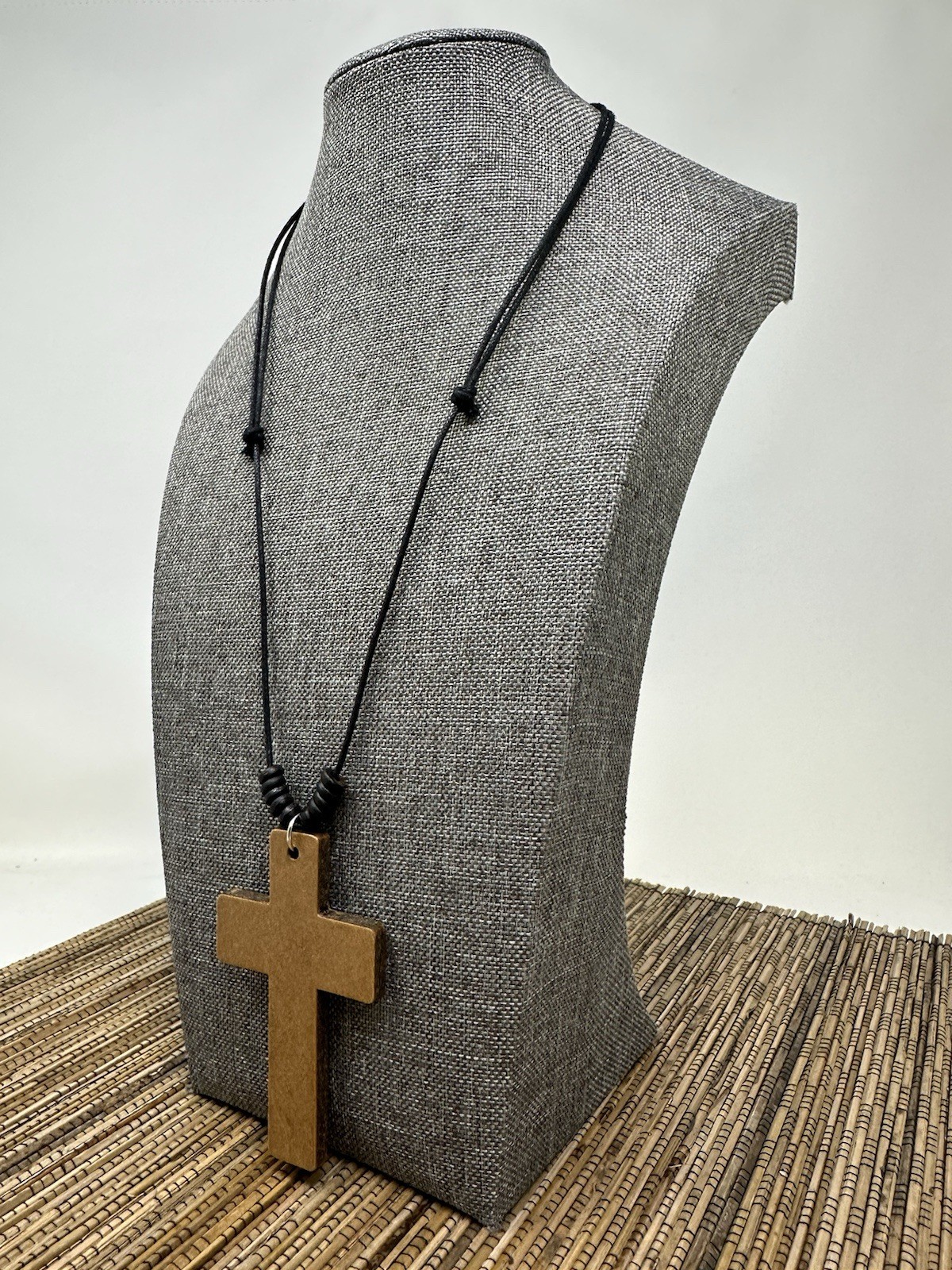 Wooden Cross Necklace 3in Brown Pendant Adjustable 16‑30in Sliding Knots Unisex