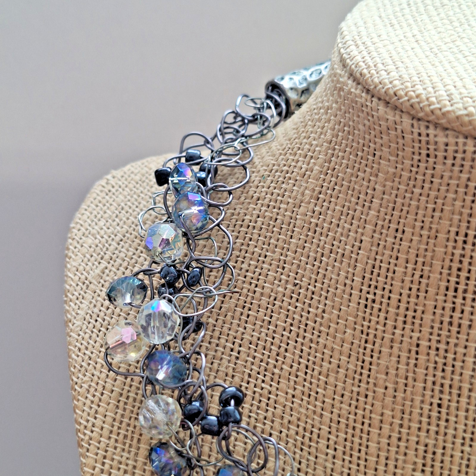 Handmade Glass Necklace Ab And Clear Beads Bib Chocker Adjustable Necklace 18.5″