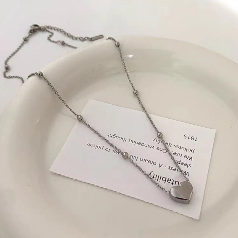 Silver Gold Stainless Steel Love Heart Shape Pendant Beads Chain Necklace PE49