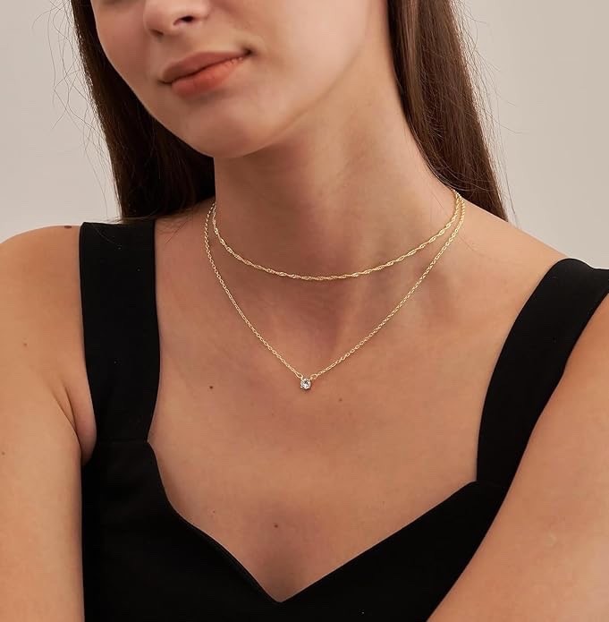 Dainty 14k Gold Plated & Silver CZ Necklaces for Women – Trendy Layered Jewelry