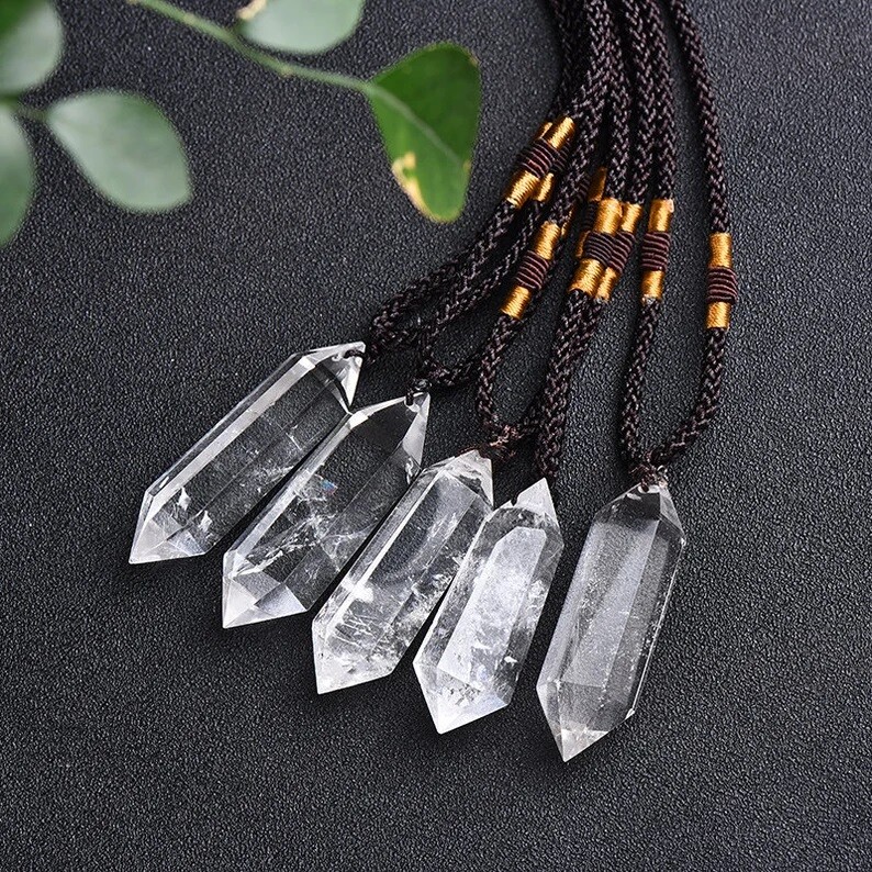 Natural Clear Quartz Hexagon Crystal Pendant Necklace for Spiritual Healing