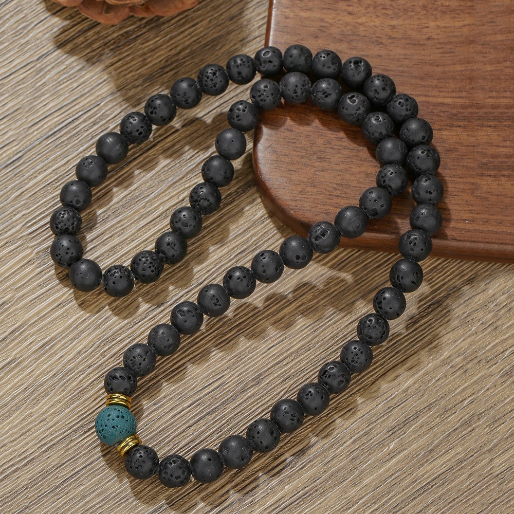 2Pcs Natural Lava Rock Stone Elastic Beaded Handmade Bracelet and Necklace Set