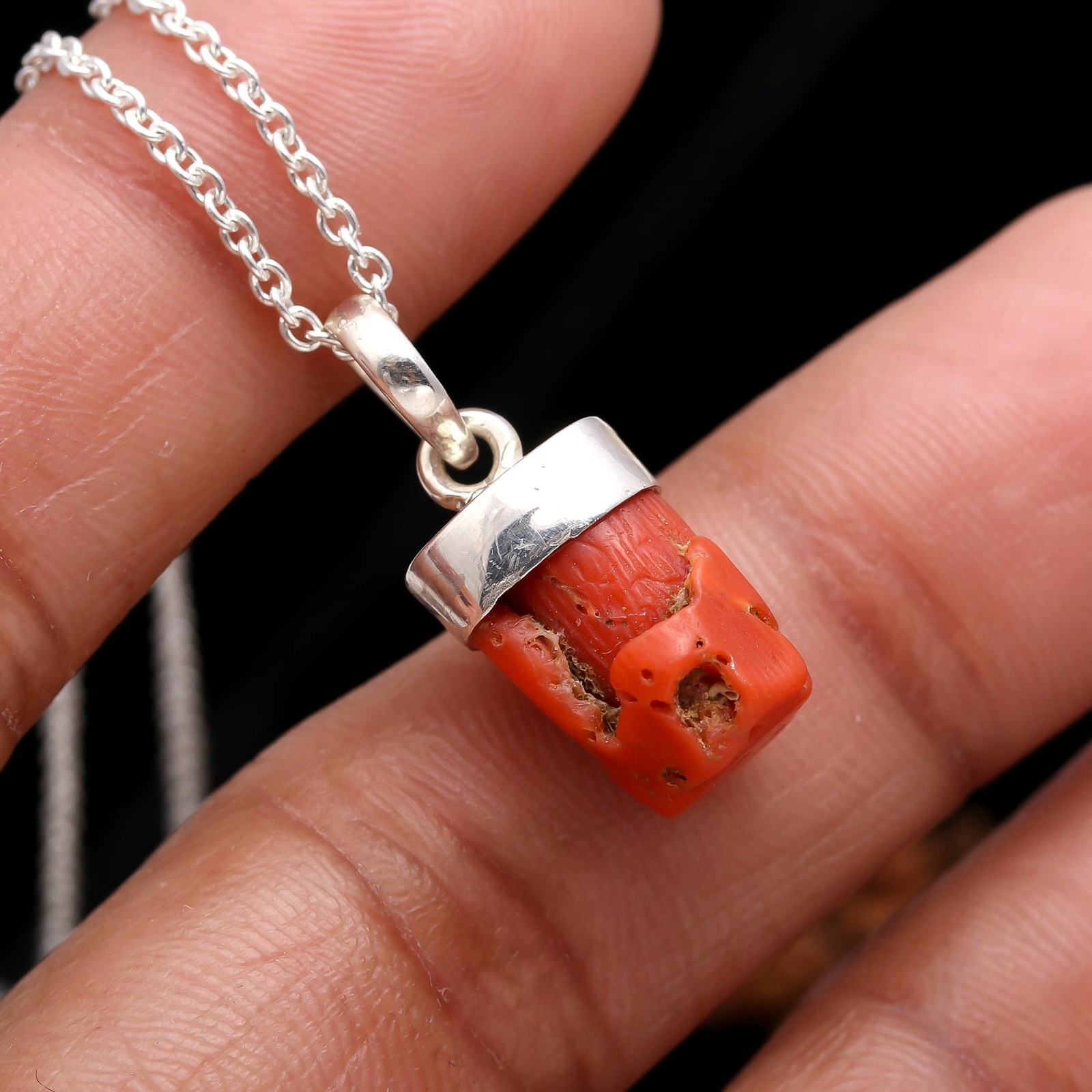 100% Natural Italian Red Coral Rough Chain Necklace 925 Sterling Silver Jewelry