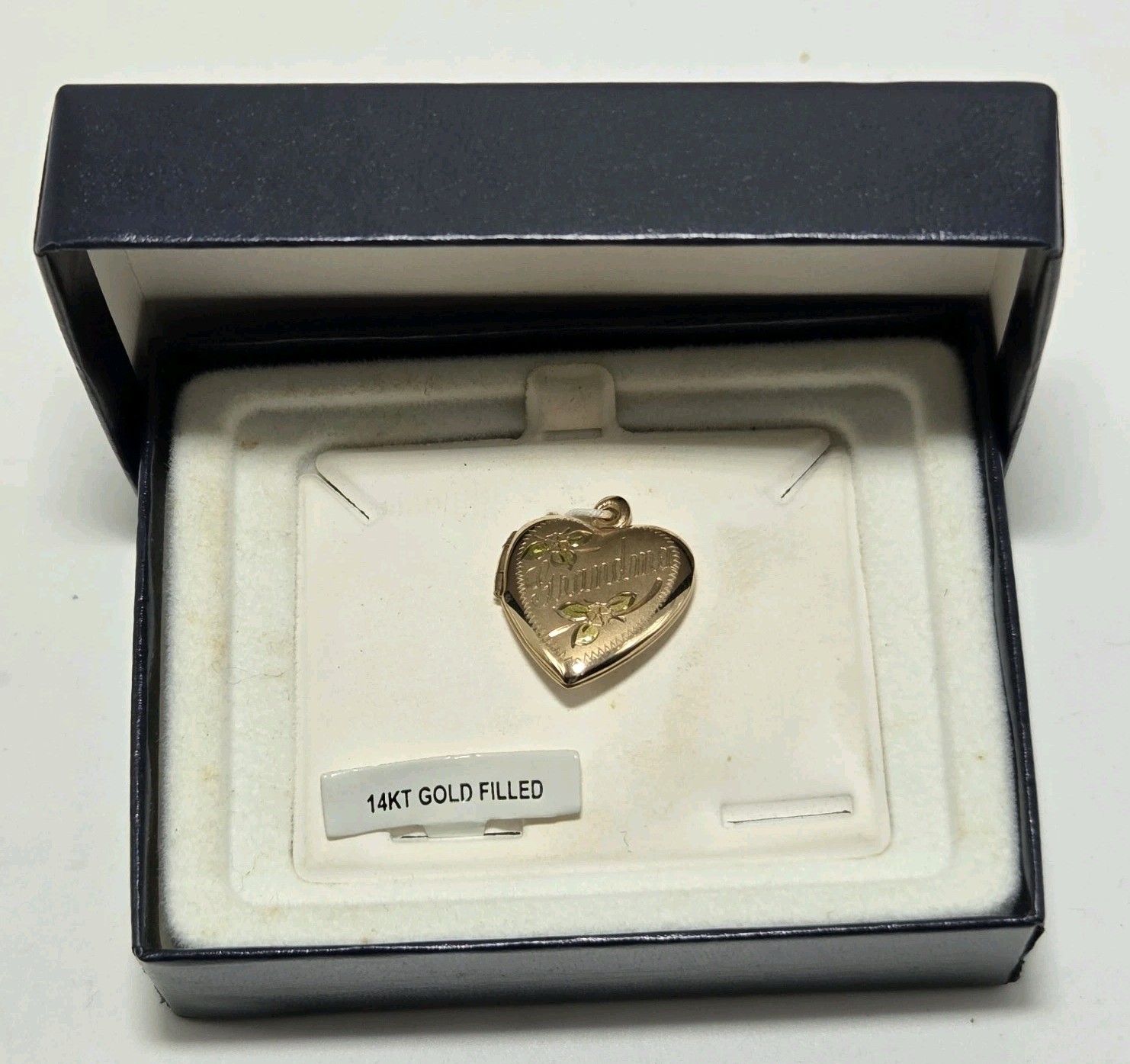 Vintage 14K GF Gold Filled Heart Locket Pendant “Grandma” Floral Engraved W/Box