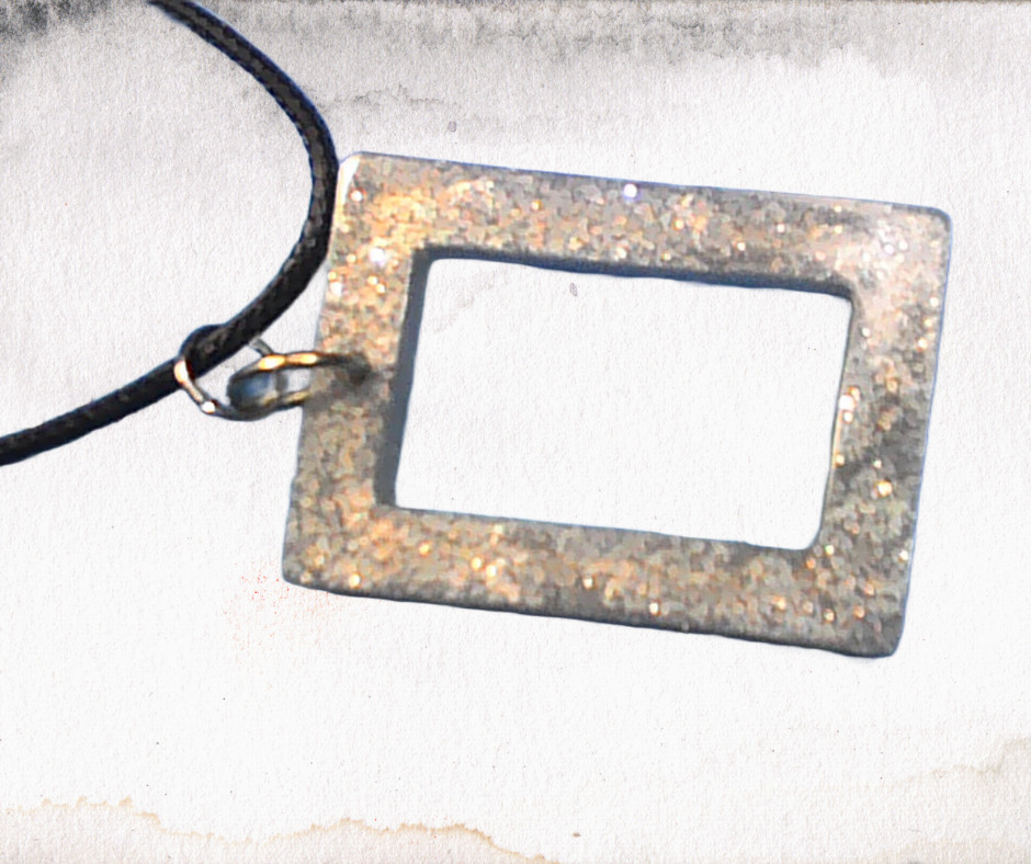 Handmade Silver Glitter Resin Pendant Necklace Square Black Cord 18″ Sparkle