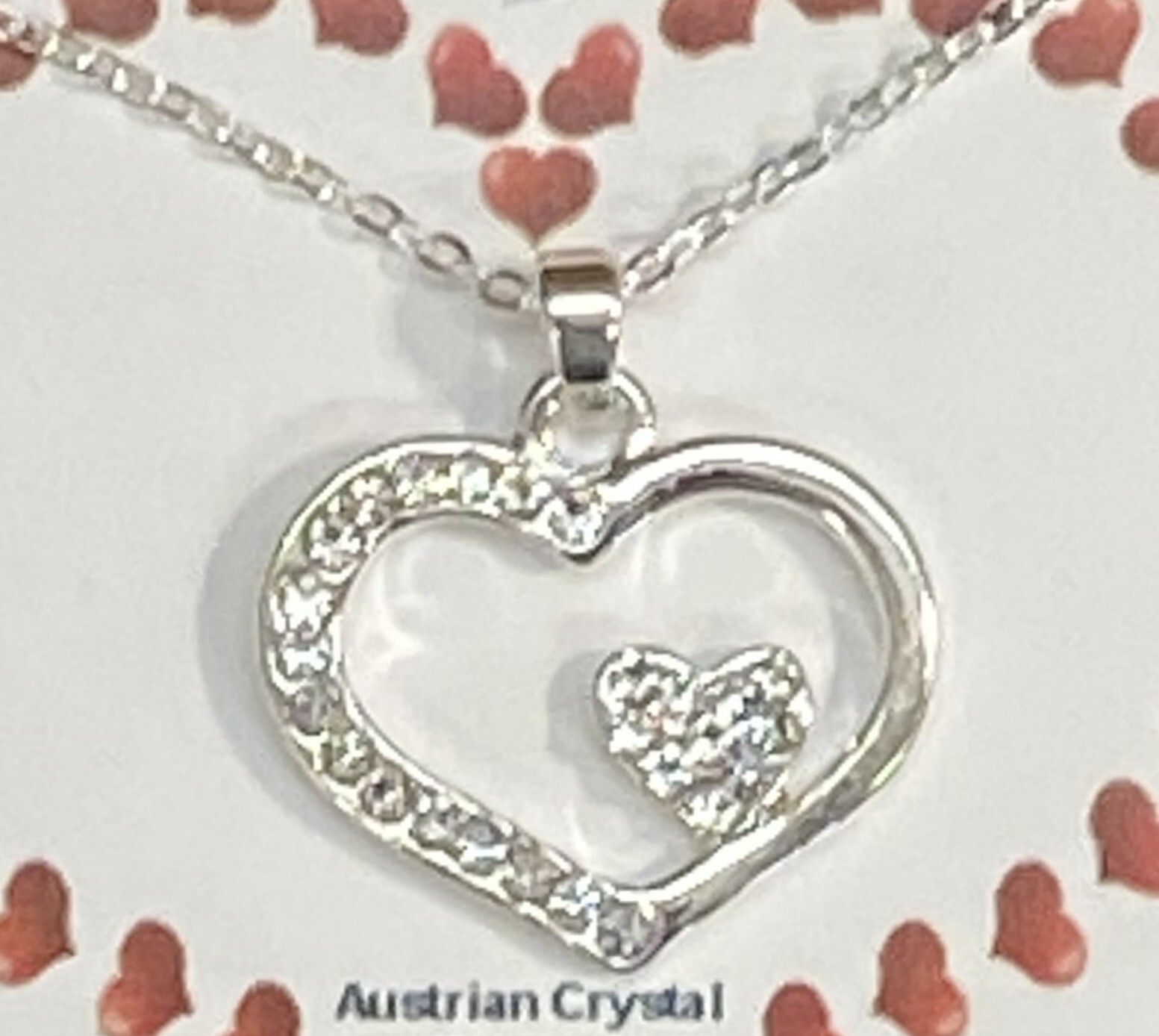 Heart Valentine 18-20 Adjustable Necklace With 26 Crystals in Silver Plate NEW