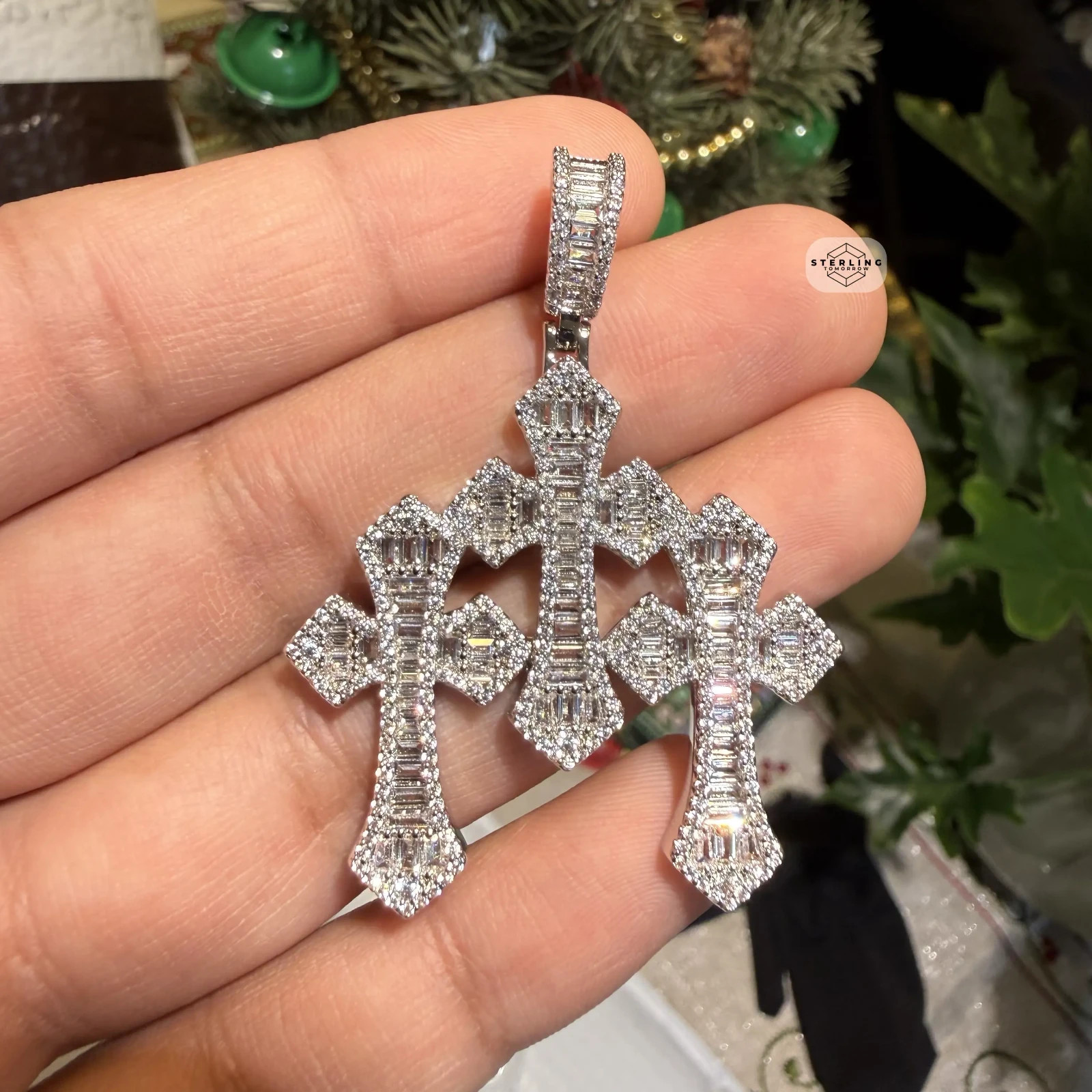 Triple Cross Baguette 14k White Gold Plated Iced Pendant + Steel Rope Chain