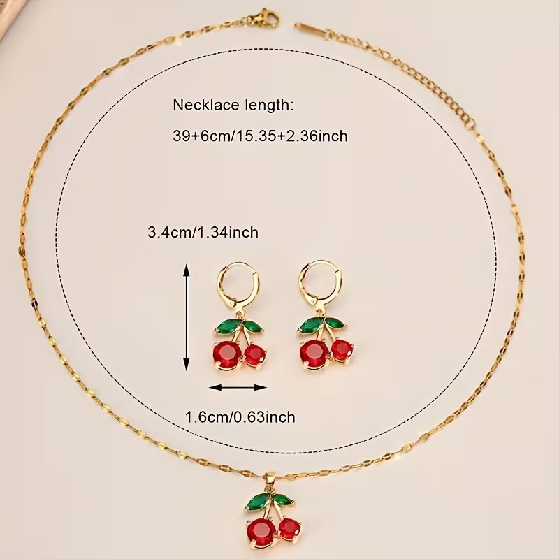 Set of Cute-style Necklace and Earrings Delicate Red Cherry Design