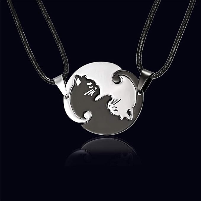 2 Piece Black & Silver Cat Matching Necklace Couple Cute Pendant Love BFF, Gift