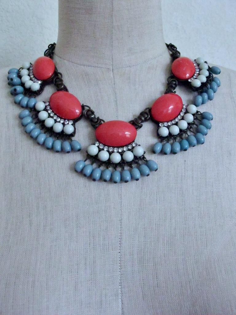 J. Crew Statement Fan Fringe Necklace Blue Coral Orange Beads Rhinestones