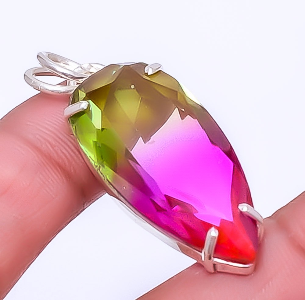 Bi Color Tourmaline Gemstone 925 Sterling Silver Pendant 1.95″ P7454-24