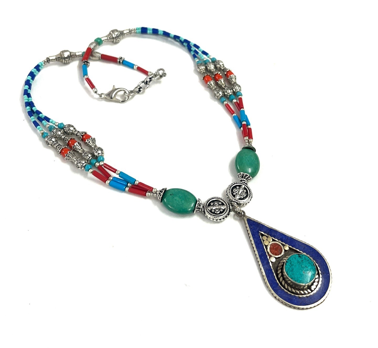 Antique Lapis Turquoise Gemstone Tibetan Style Necklace Jewelry, 18 Inc Adjs