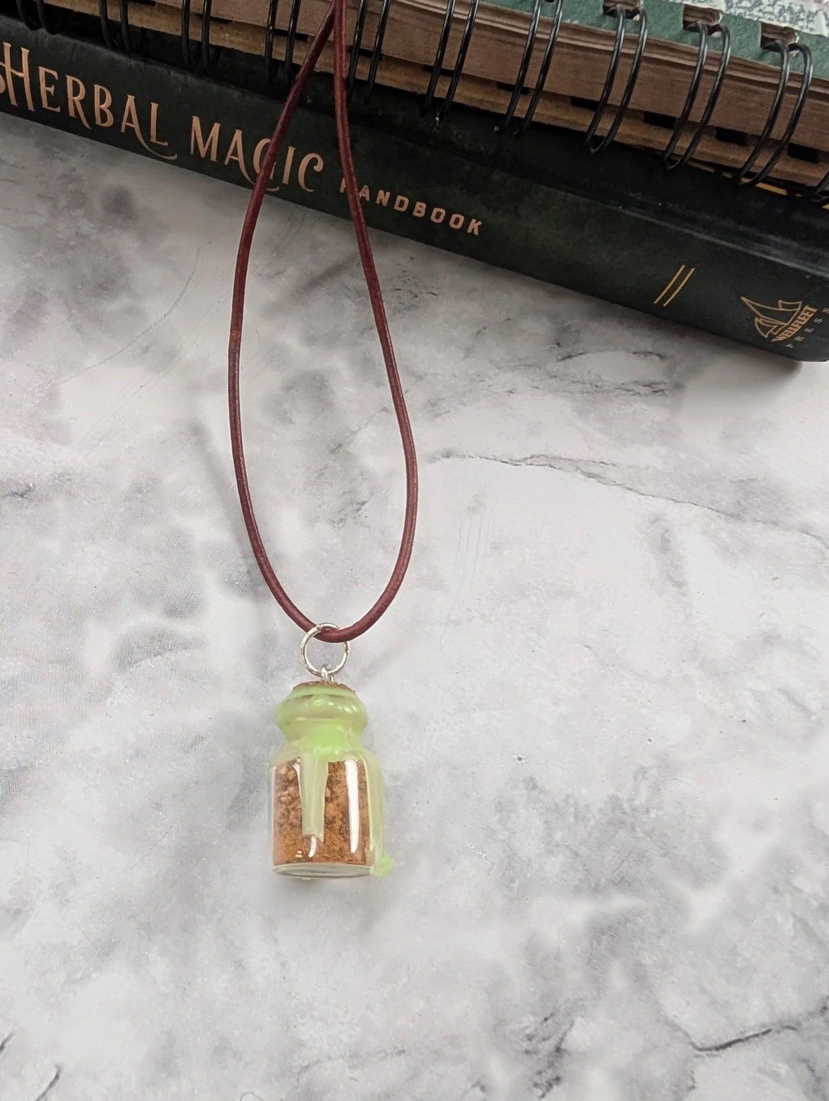 Bottle Pendant Necklace on Brown Cord, Magic Theme