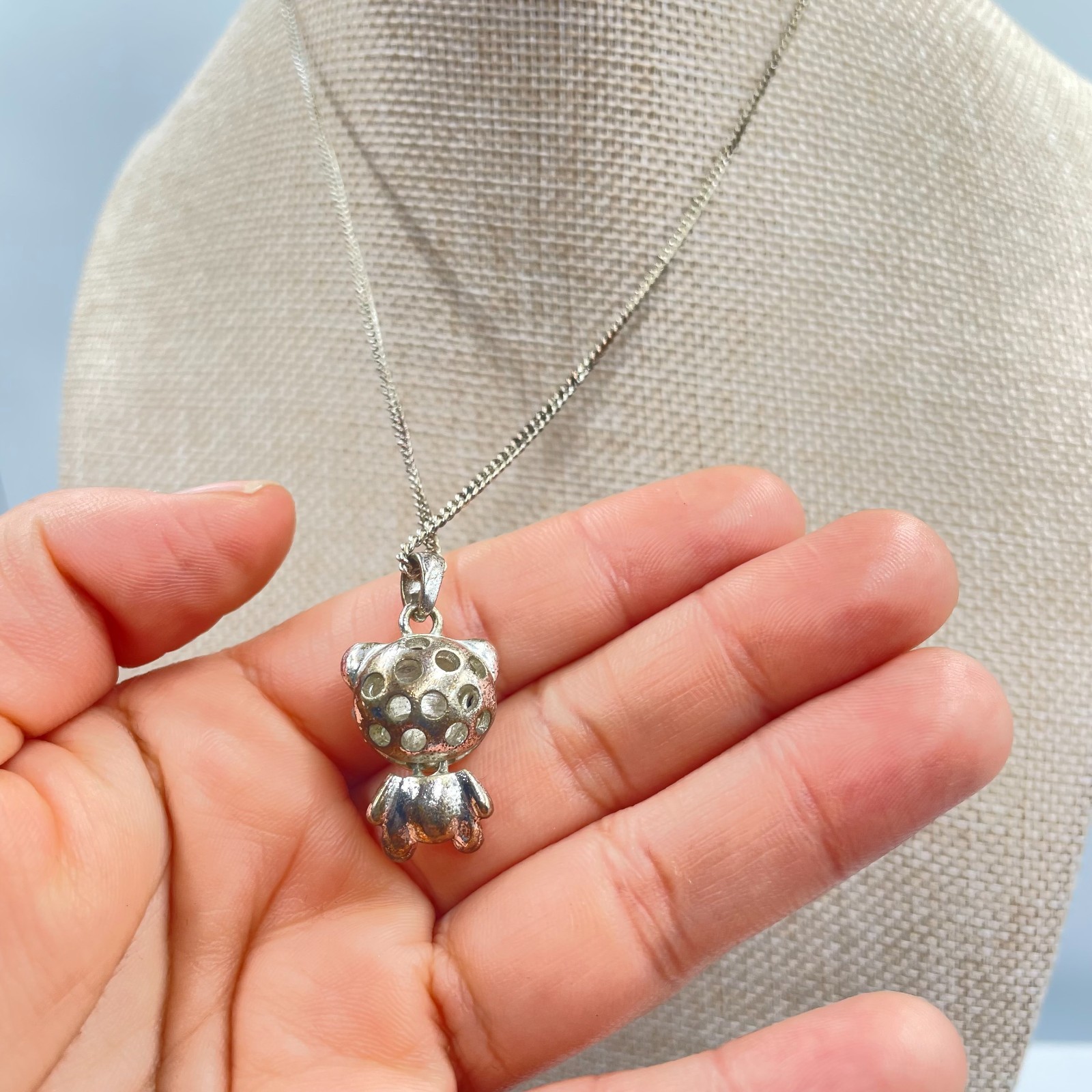 Adjustable Silver-Tone Curb Chain Rhinestone Pave Teddy Bear Pendant Necklace