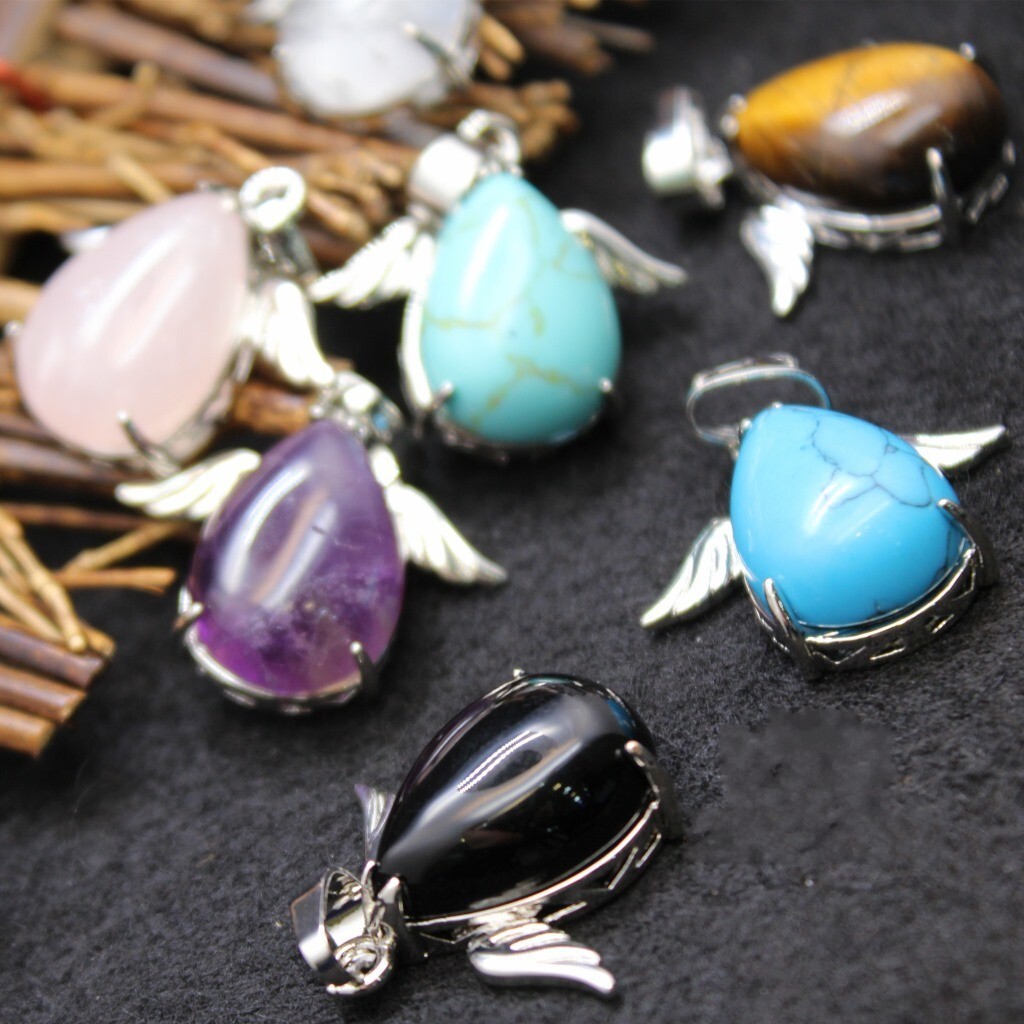 25*24mm Natural Stone Crystal Gemstone Angel Wing Pendant Unisex Adult Jewelry