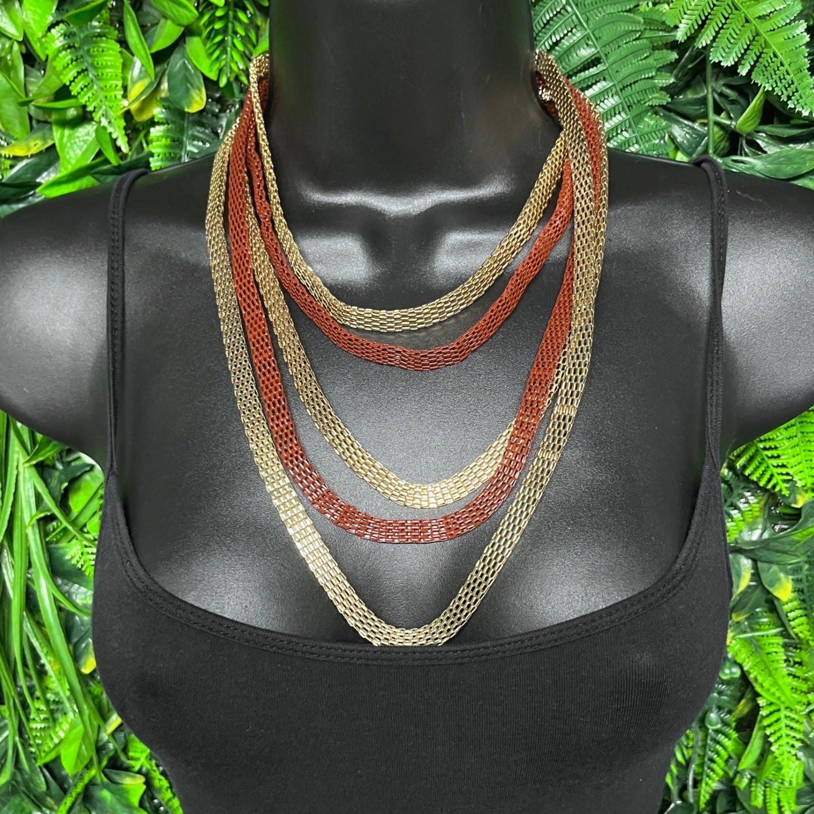 Multi Strand Statement Necklace Gold and Terracotta Red Mesh Chain Tiered 3817