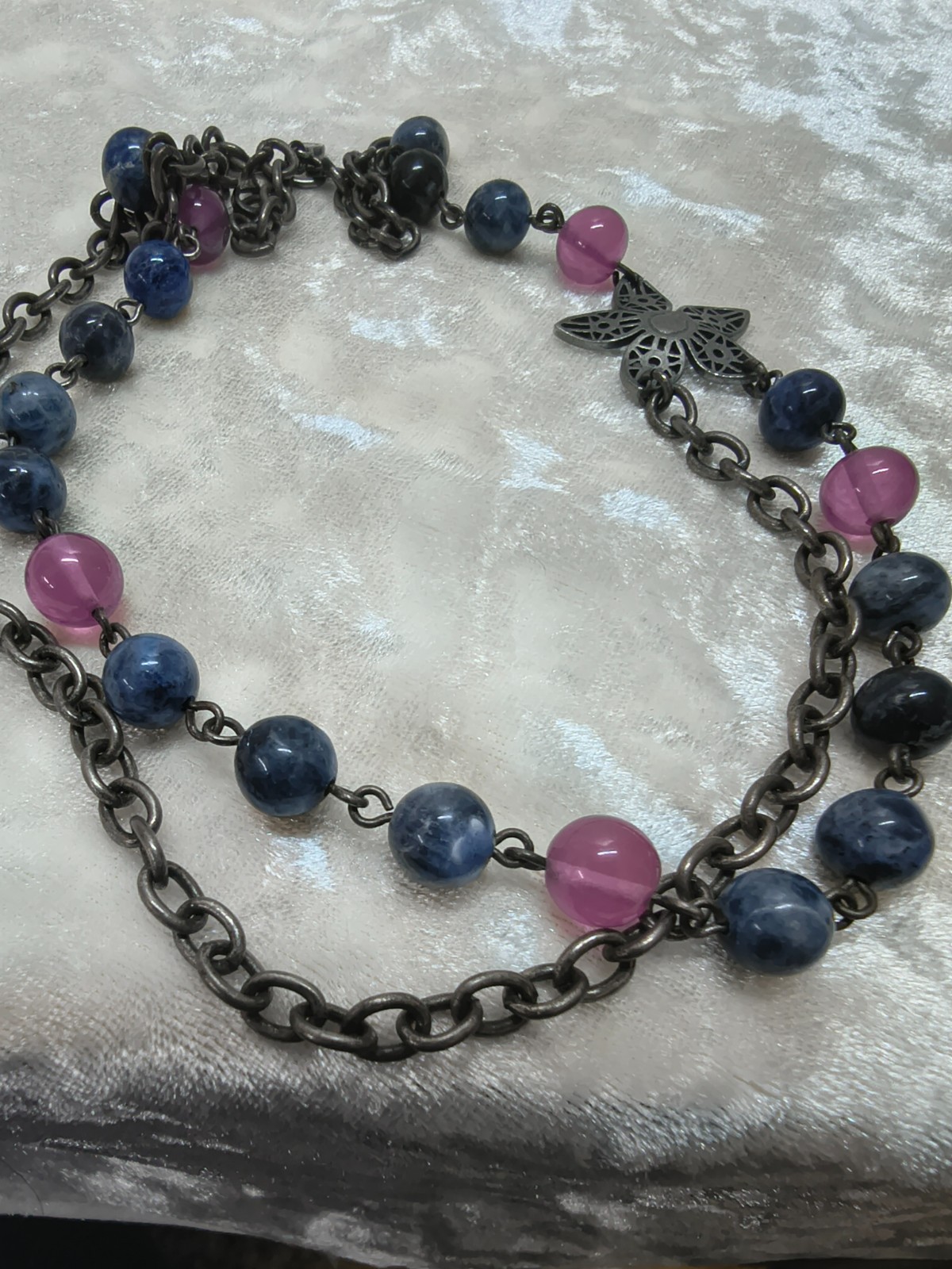 Double Strand Blue Pink Bead Necklace Bronze Tone Flower Charm 46cm Boho