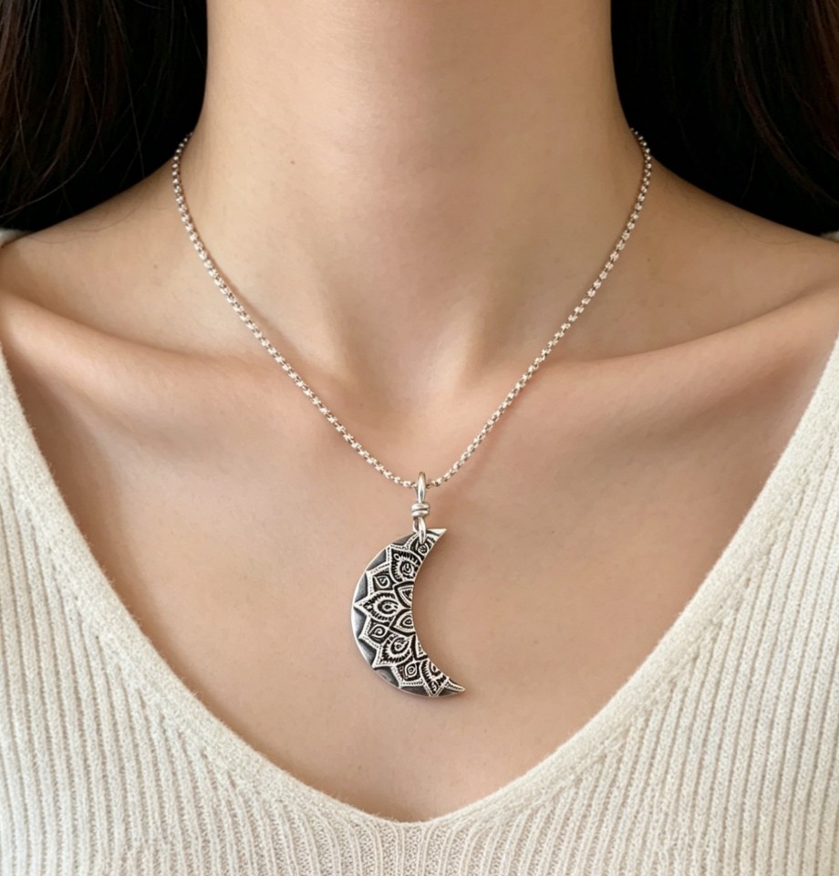 Silver Plated Carved Floral Crescent Pendant Boho Tiny Ball Chain Necklace