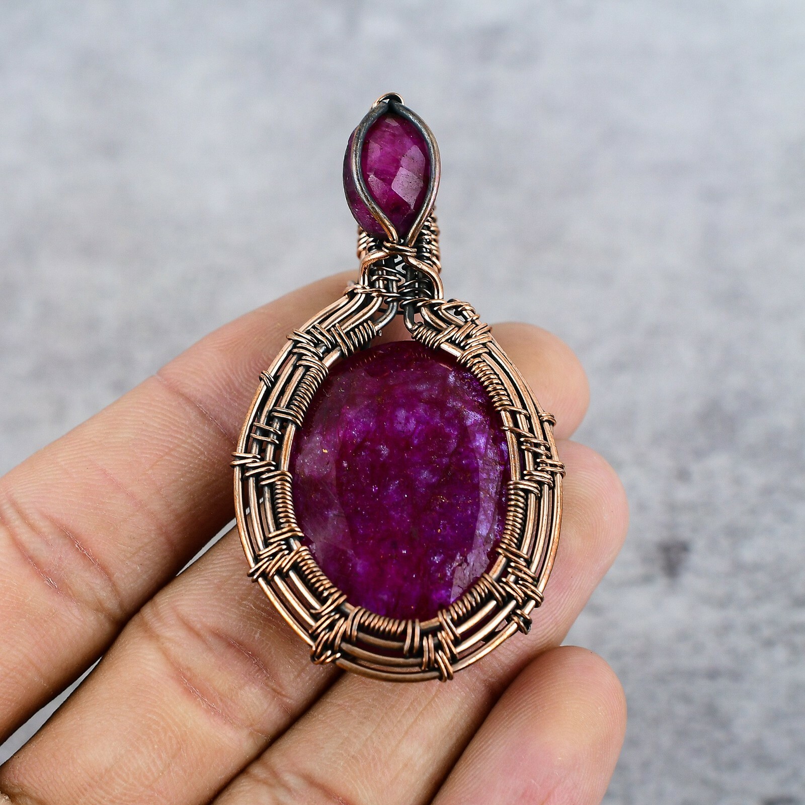 Simulated Kashmir Red Ruby Gemstone Copper Wire Wrap Handmade Pendant Jewelry