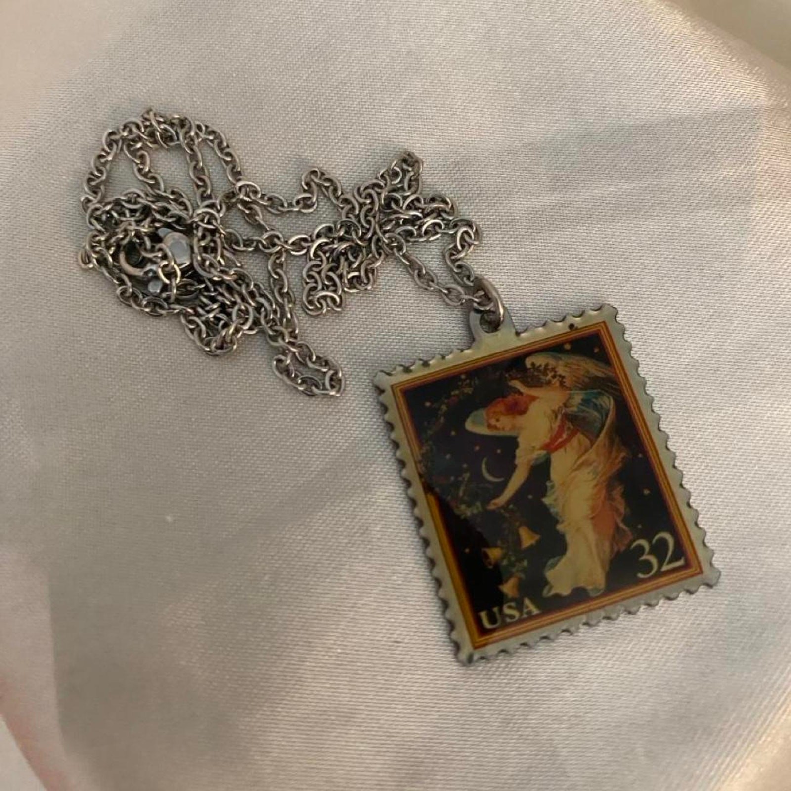 Vintage USPS Love Cherub Angel Stamp Pendant Necklace 32¢ Stainless Steel Chain