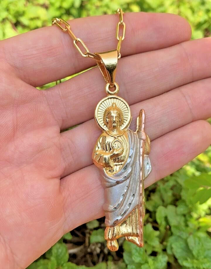 San Judas Necklace 20″ Paper Clip Chain 14K Gold Filled Jewelry Religious Adults
