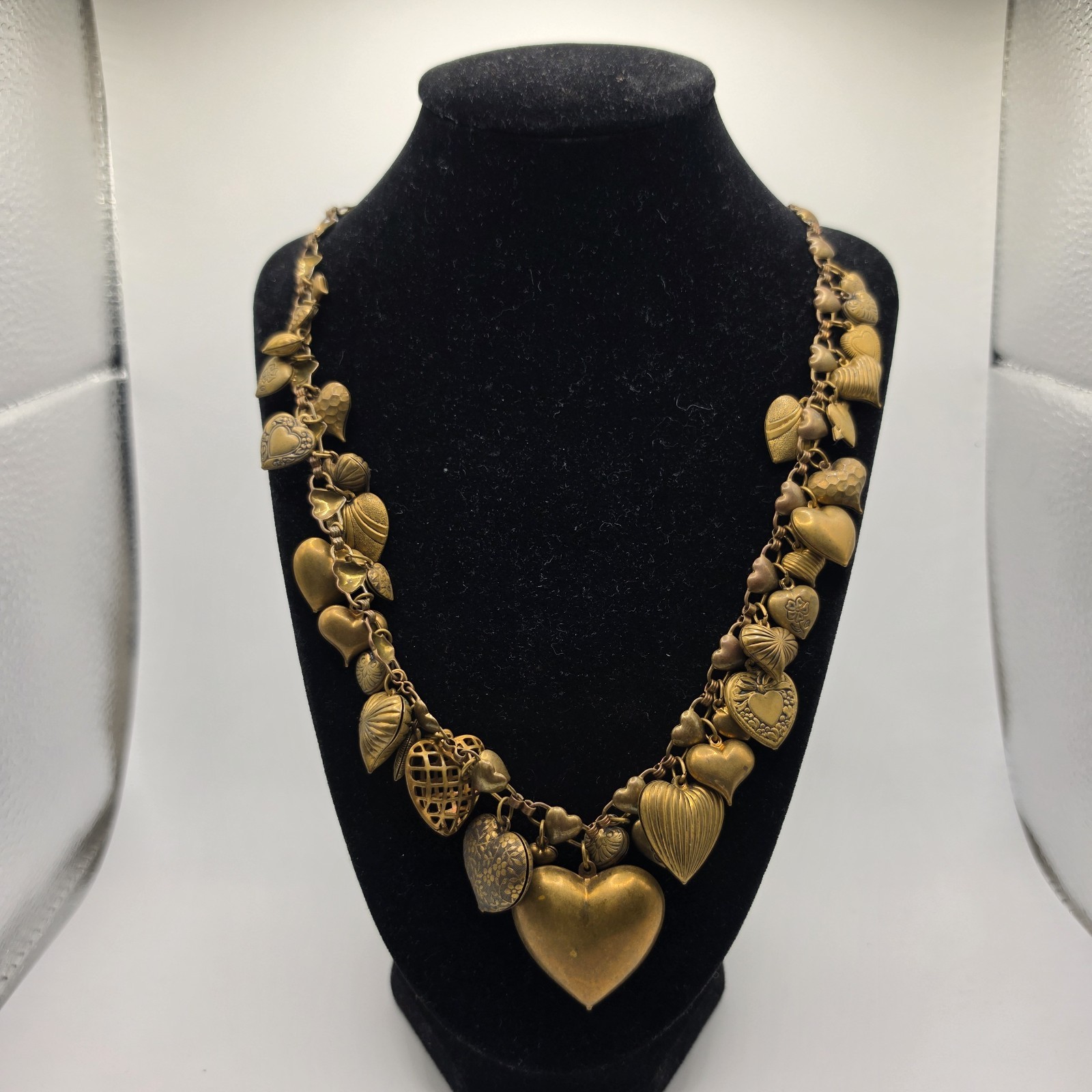 Pididdly Links Heart Charm Necklace Brass Tone Statement Vintage Jewelry