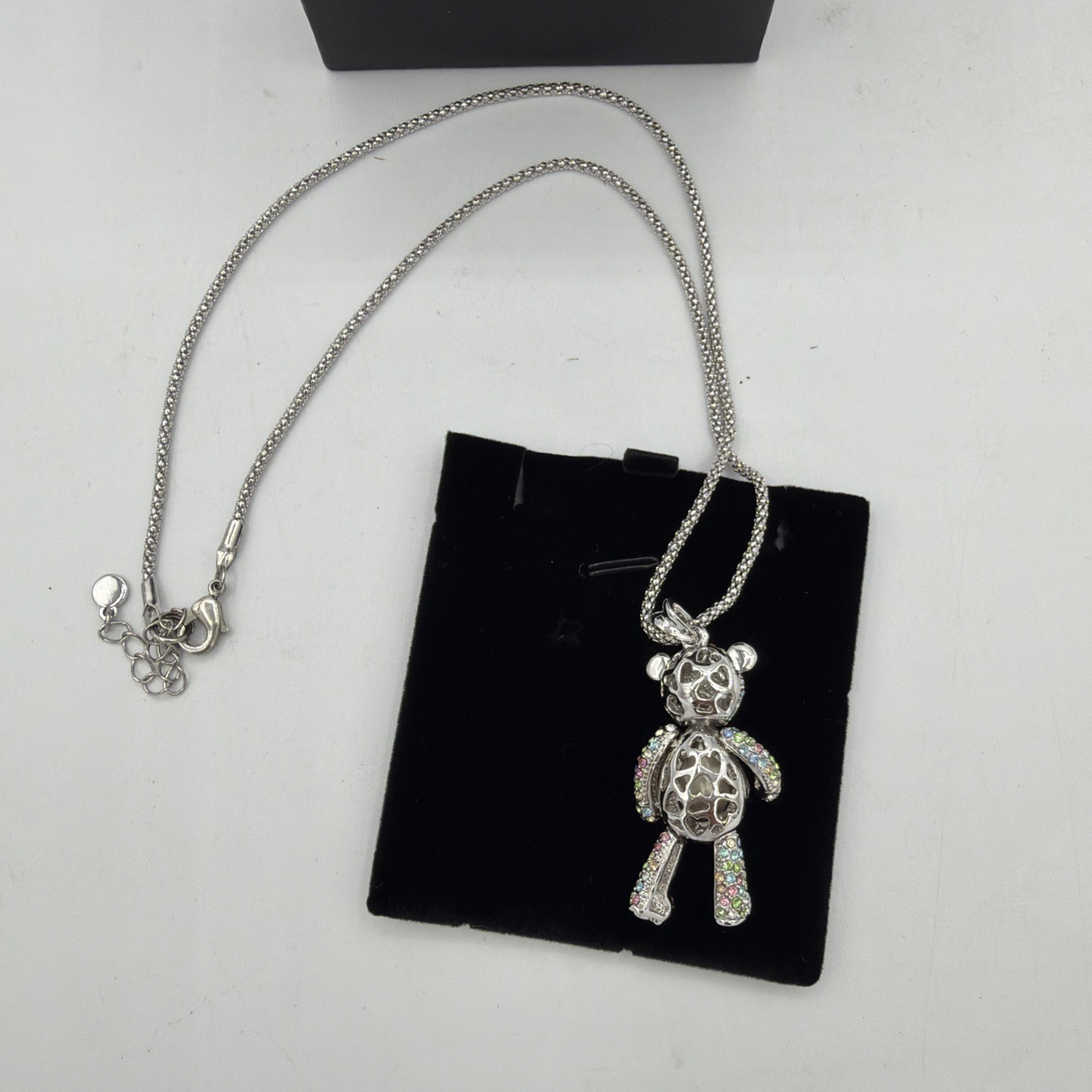 Swarovski Silver Tone Articulated Princess Teddy Bear Necklace J. NINA crystals