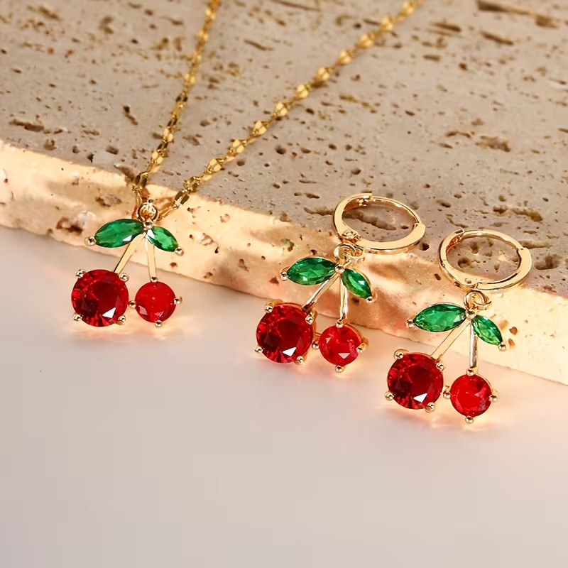 Set of Cute-style Necklace and Earrings Delicate Red Cherry Design