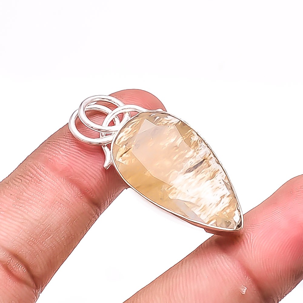 Golden Rutilated Quartz – Brazil 925 Sterling Silver Handmade Pendant 1.48″ Su46