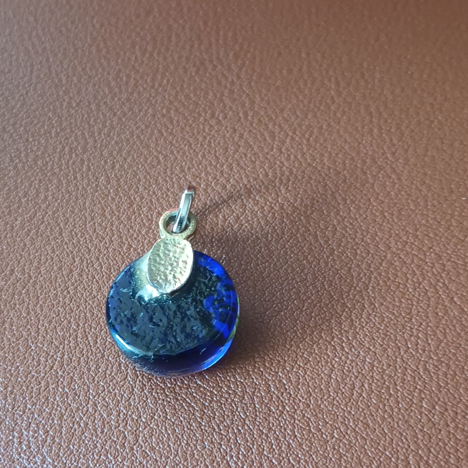 Round Blue Glass Charm Pendant with Bail Ring, Silver Tone Metal, Blue/Silver
