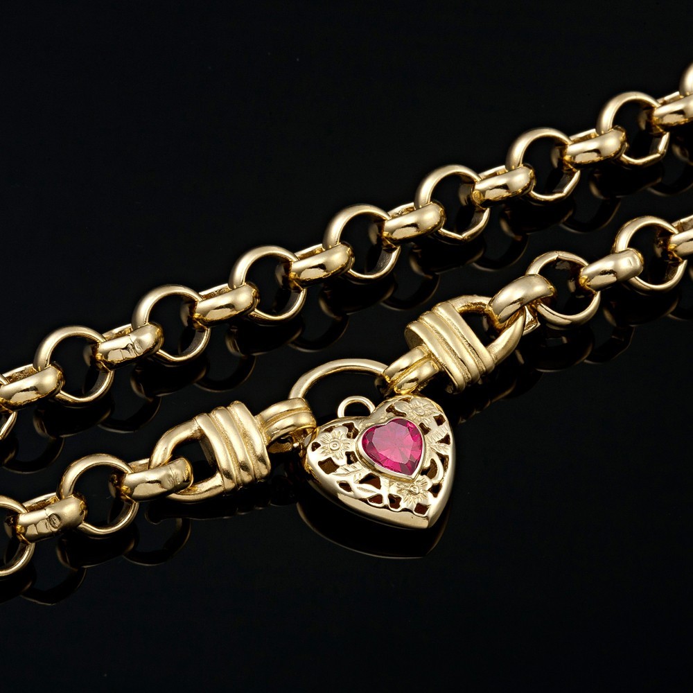 18K GL Thick Solid Rolo Yellow Gold Necklace Filigree Heart Padlock Ruby Red Gem
