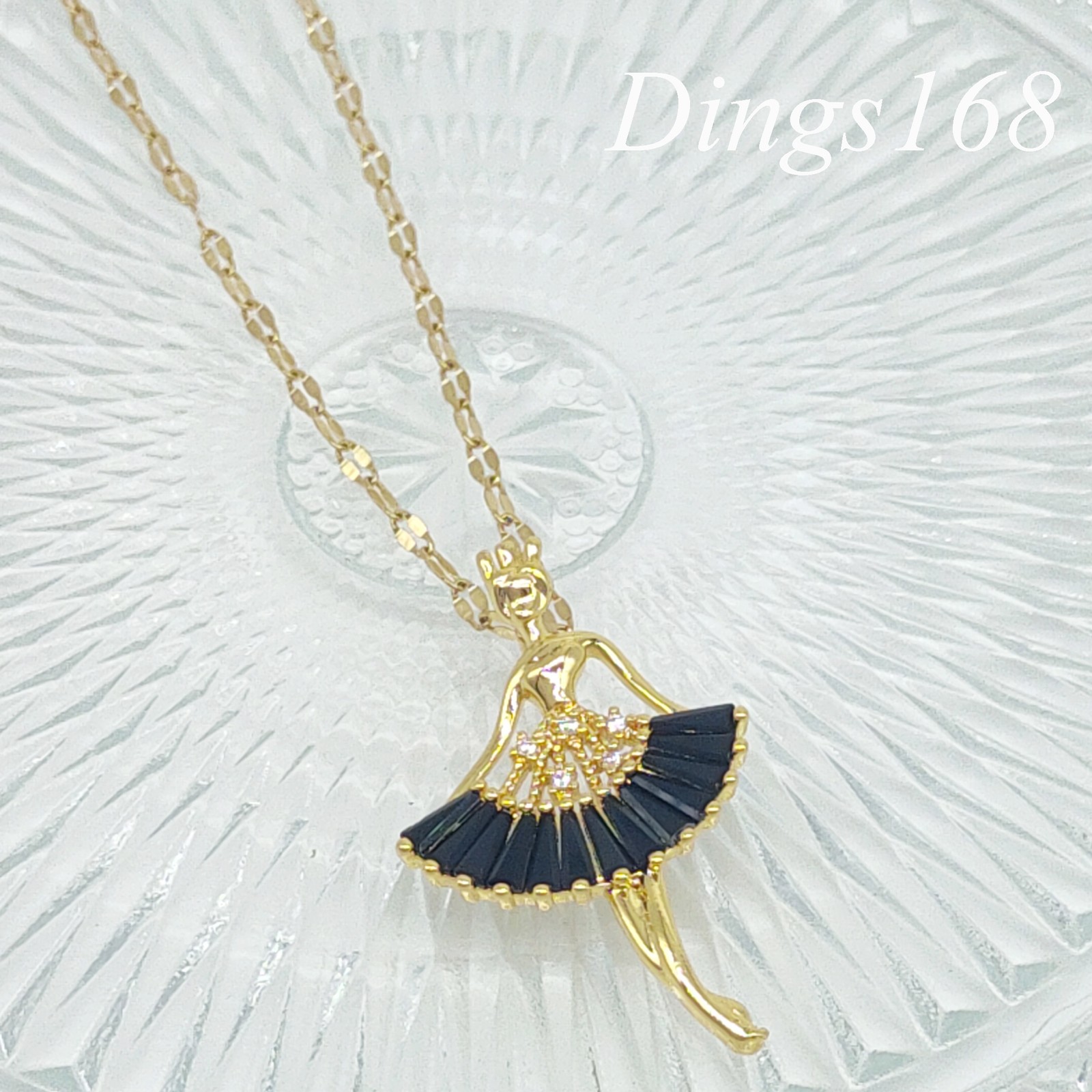 18K Yellow Gold Filled Crystal Ballet dancer + Lip Chain Necklace, SHIP FROM USA
