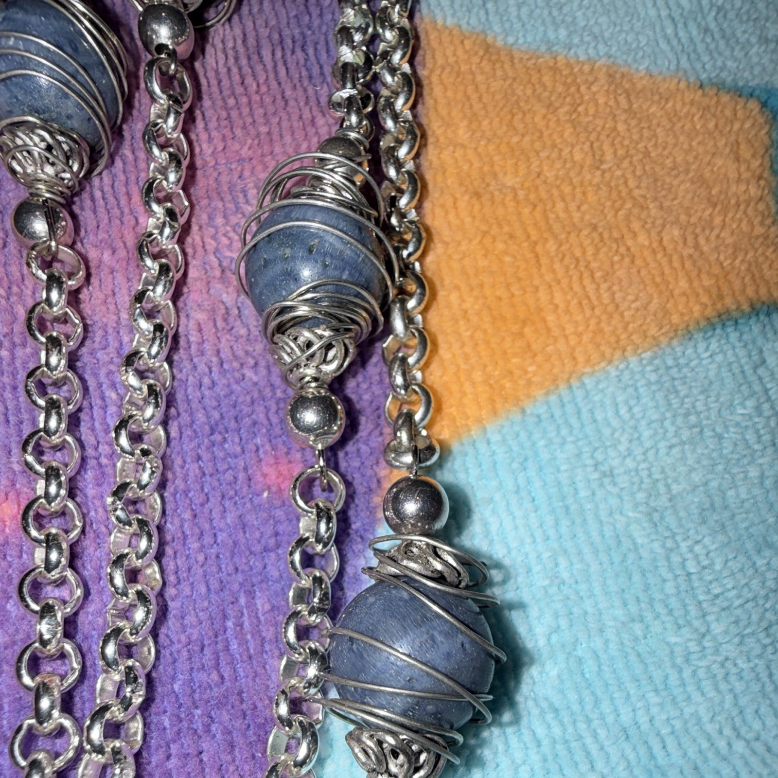 Vintage Artisan 50” Opera Length Sterling Silver Wire Wrapped Blue Stone Station