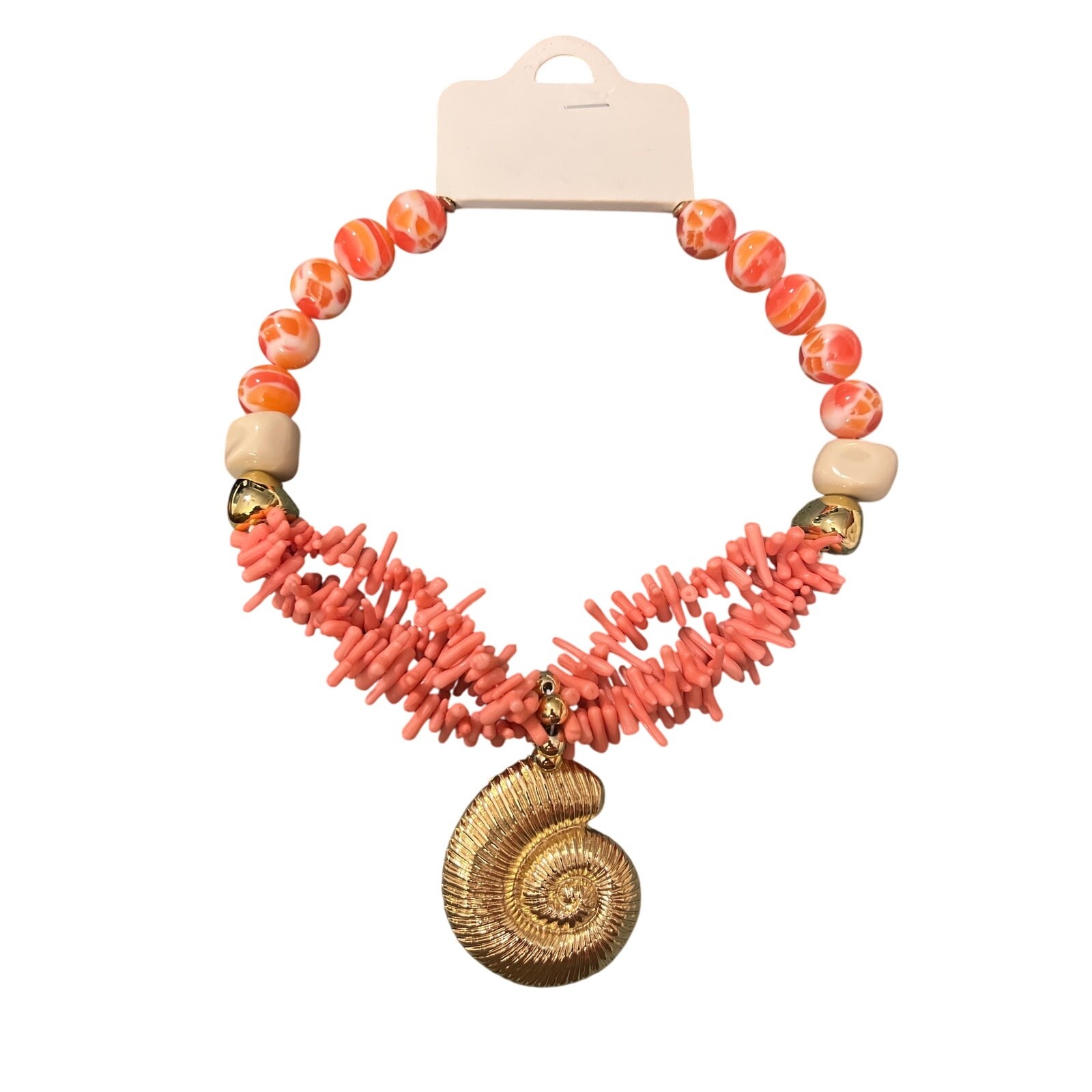 NWT Ocean Vacation Multi-Strand Faux Coral & Gold Shell Statement Necklace