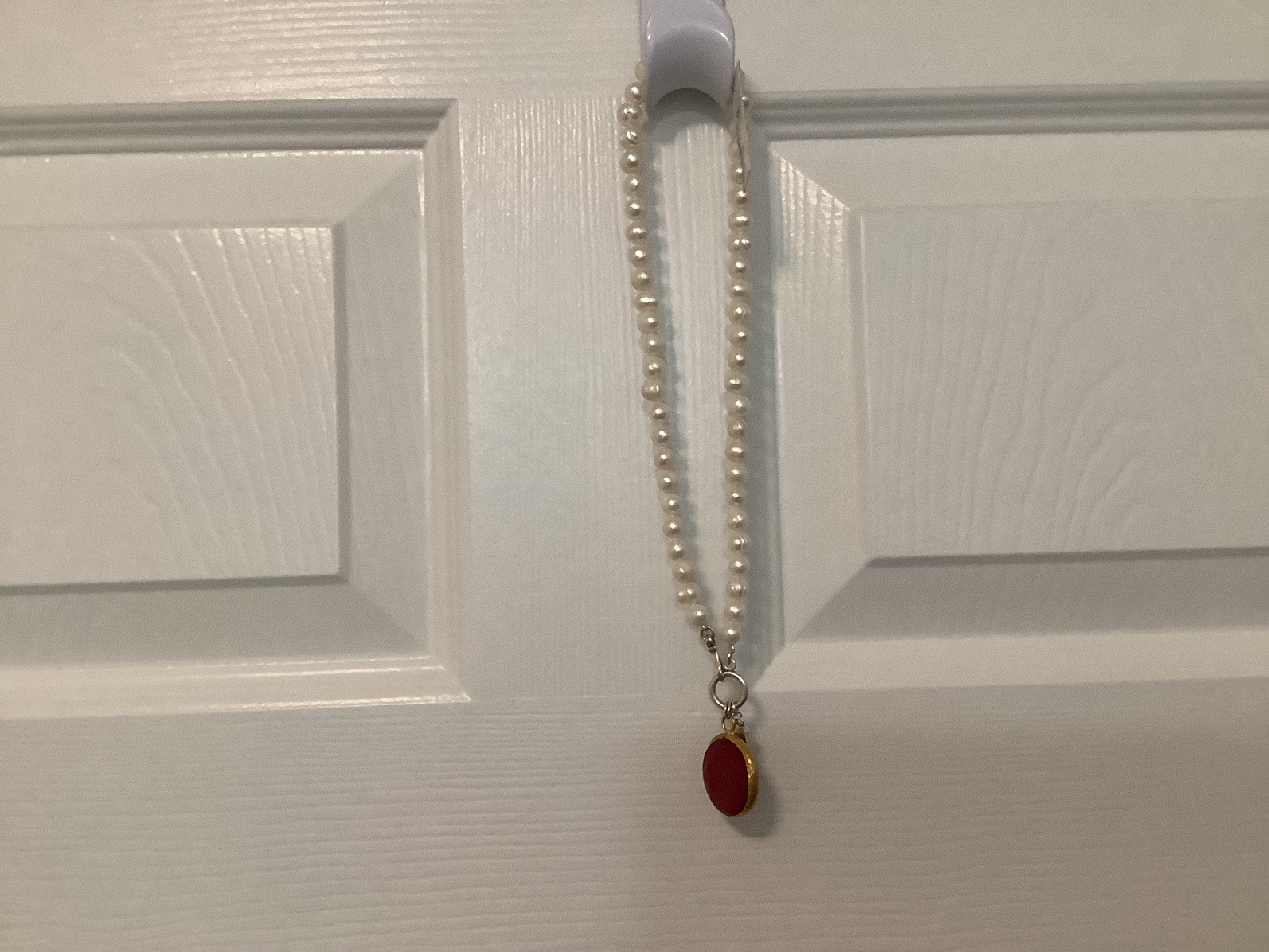 Pearly Girls PearlNecklace W/Red Pendant, Sterling Clasp, 18”, NWT