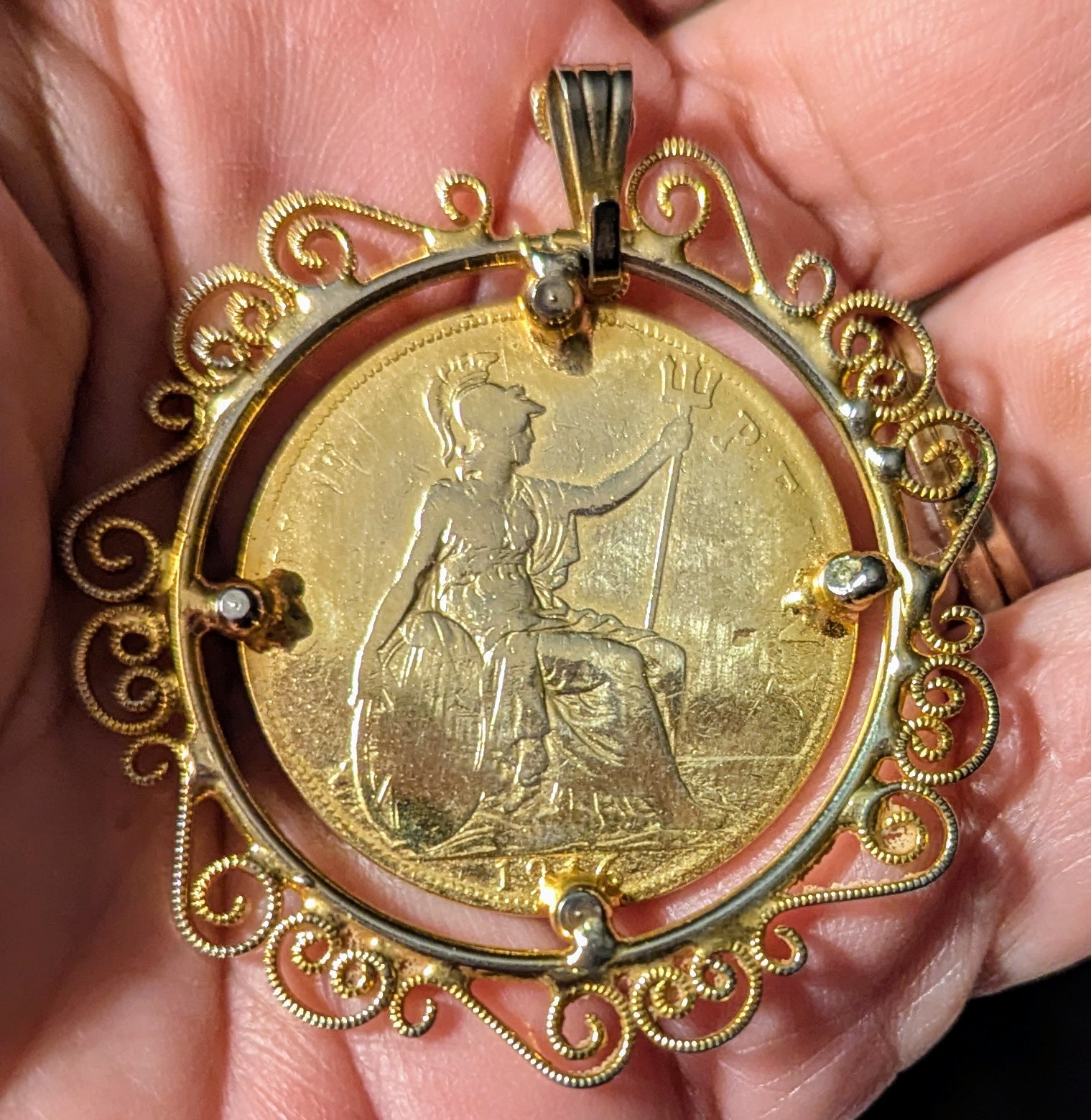 1916 Gold Plated English Penny King George Front & Queen Victoria Back Pendant