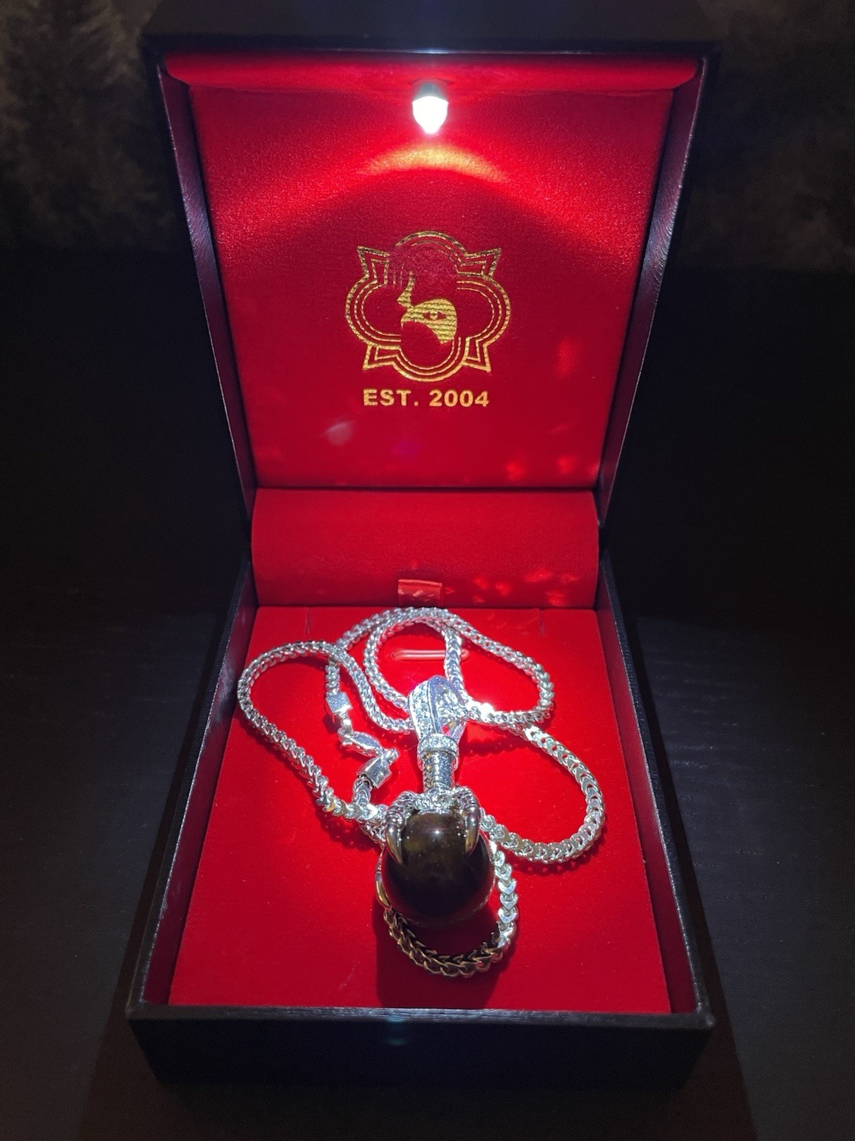 TraxNYC 925 Silver Diamond Eagle Claw Tiger Eye Pendant Franco Chain & Box
