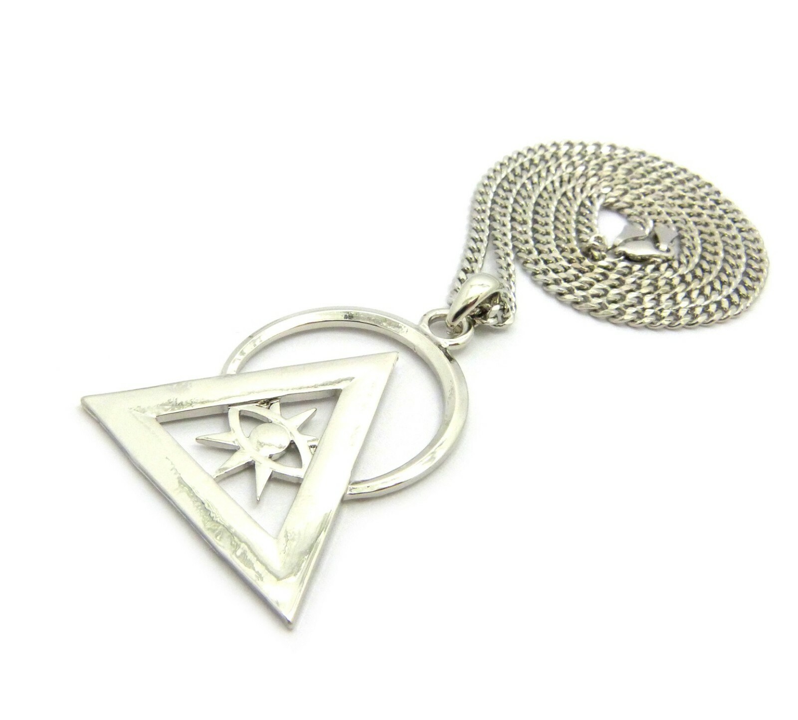 Silver Plated illuminati Pyramid Pendant & 24″ Box, Cuban, Rope Chain Necklace