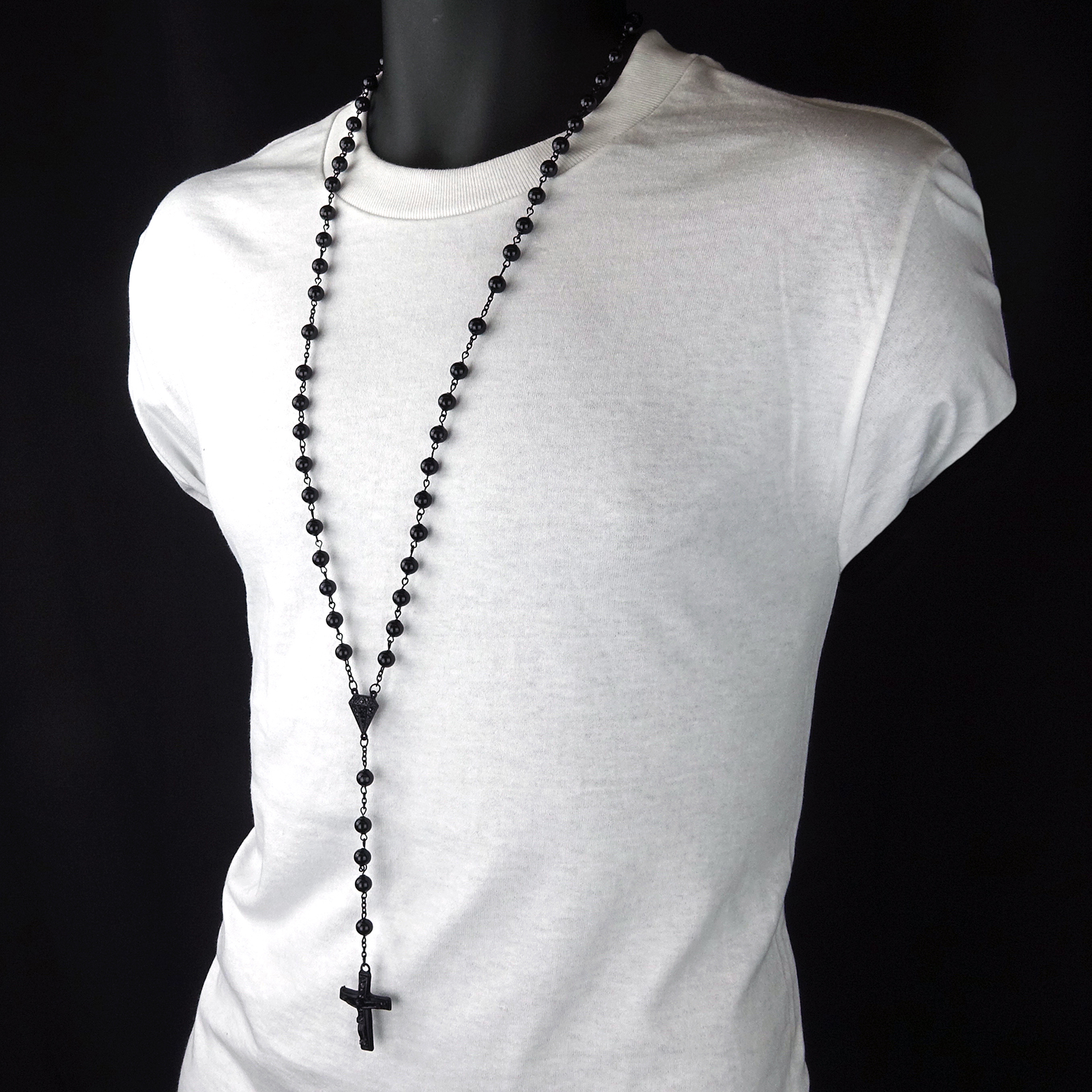 Men’s Hip Hop 8mm BLACK Beads D-Shape Rosary & Jesus Cross Necklace BK