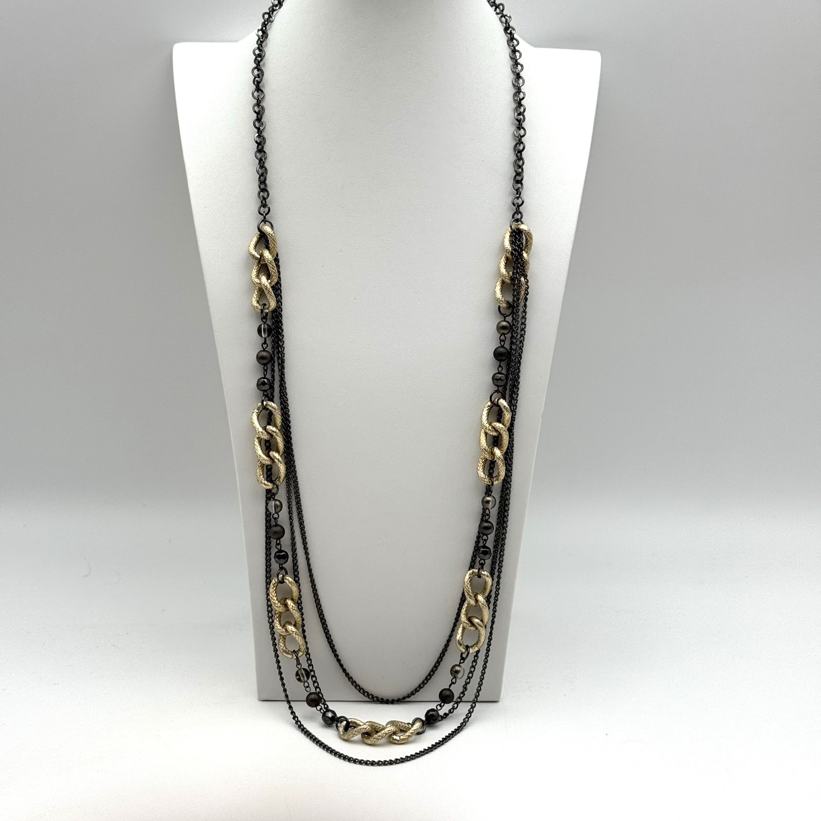 NY & Co Mixed Metal Layered Chain Necklace Gunmetal Gold Tone Statement 36″
