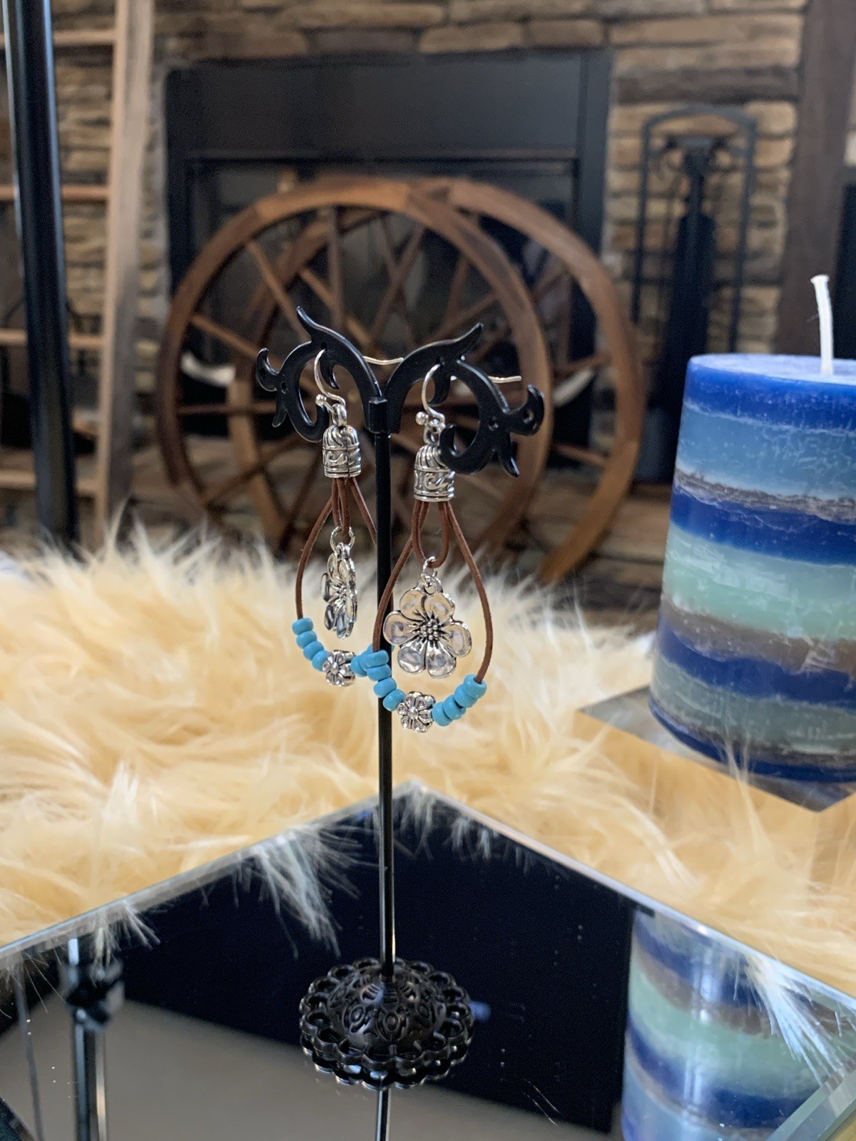 Boho Style Plum Blossom Pendant Earrings Double Layered With Turquoise Beads