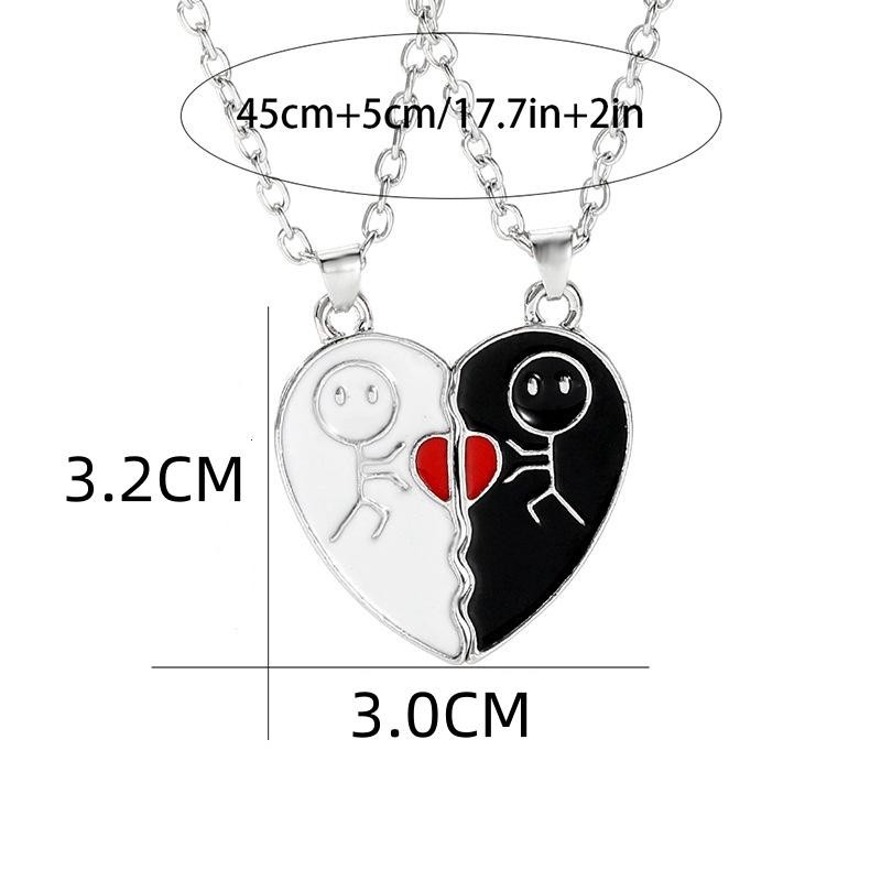 2pcs Magnet Matchstick People Lovers’ Black White Heart Pendant Chain Matching N