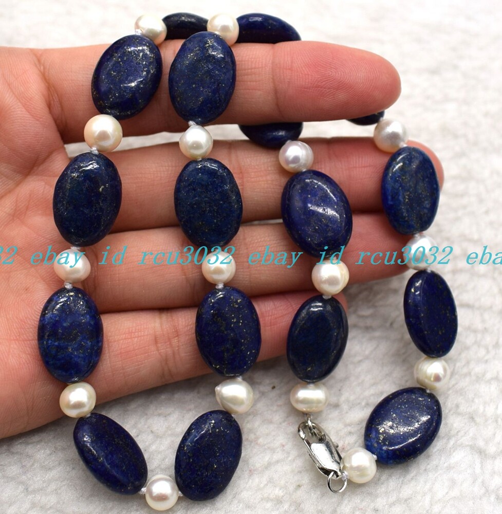 Pretty 7-8mm White Pearl & 13x18mm Oval Blue Lapis Lazuli Silver Necklace 16-36″