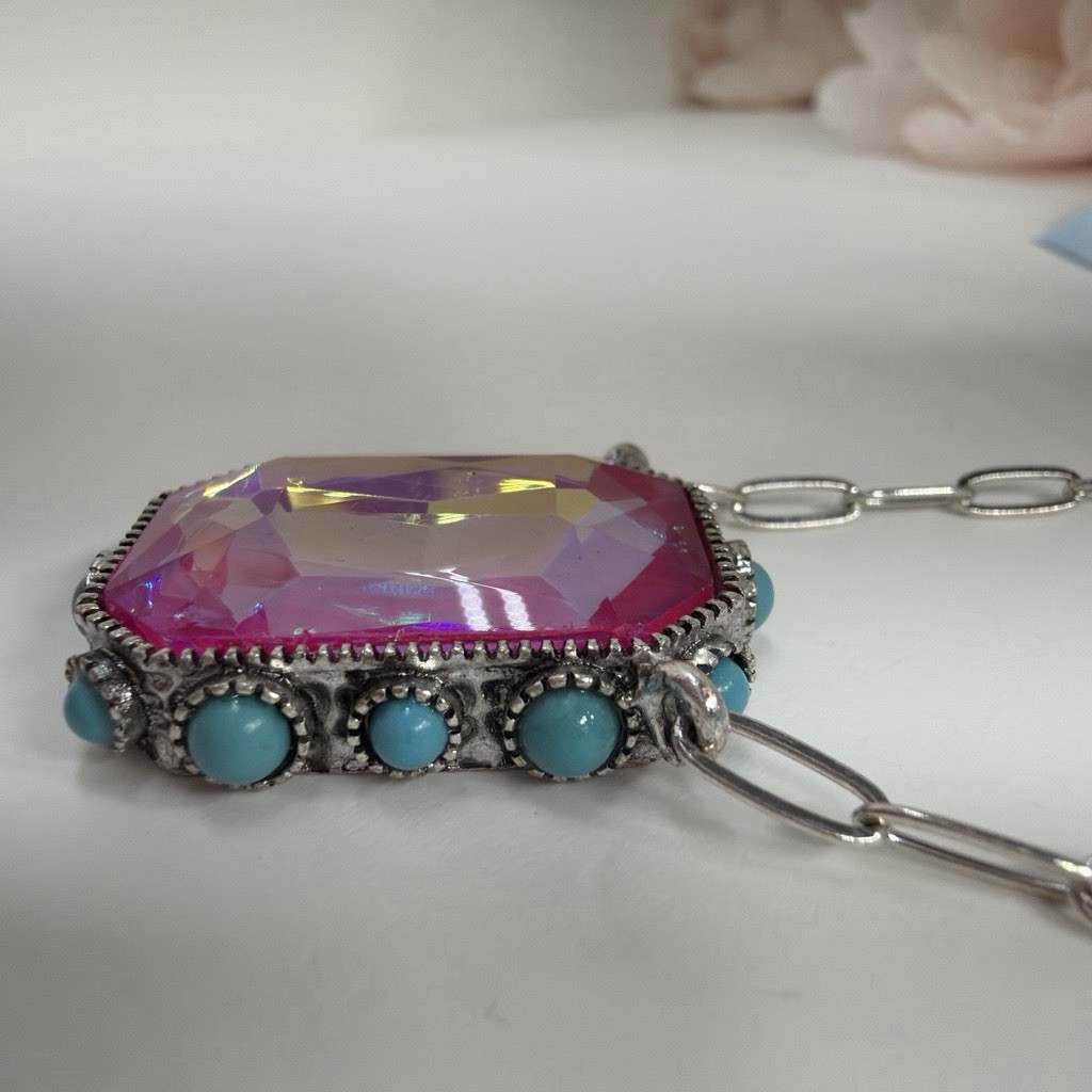 Silver Plated Cable Chain Necklace Rectangle Pink Crystal Pendant Blue Stones