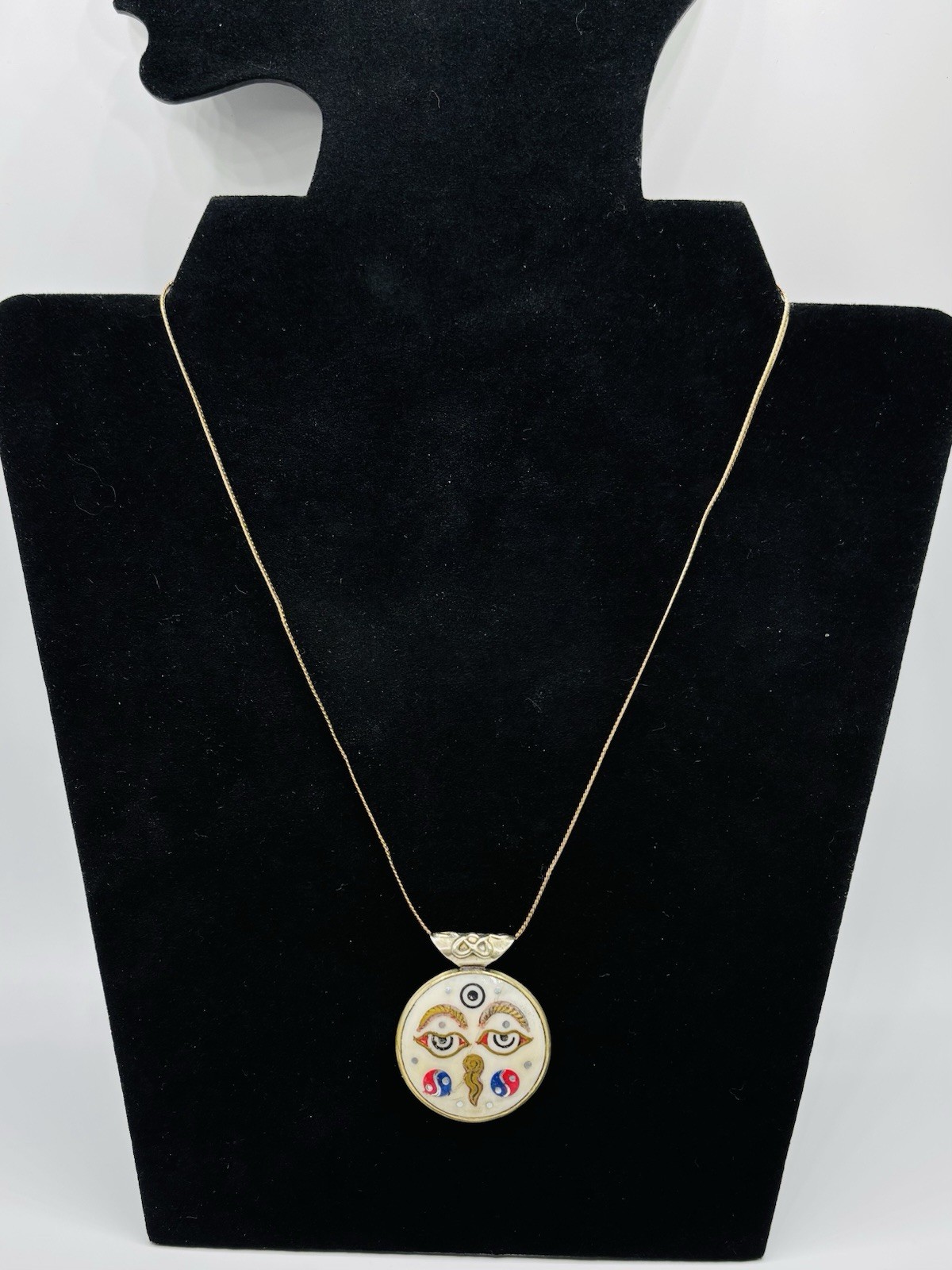 Symbolic Double-Sided Inlay Nepal Amulet Buddha Kathmandu Pendant Necklace