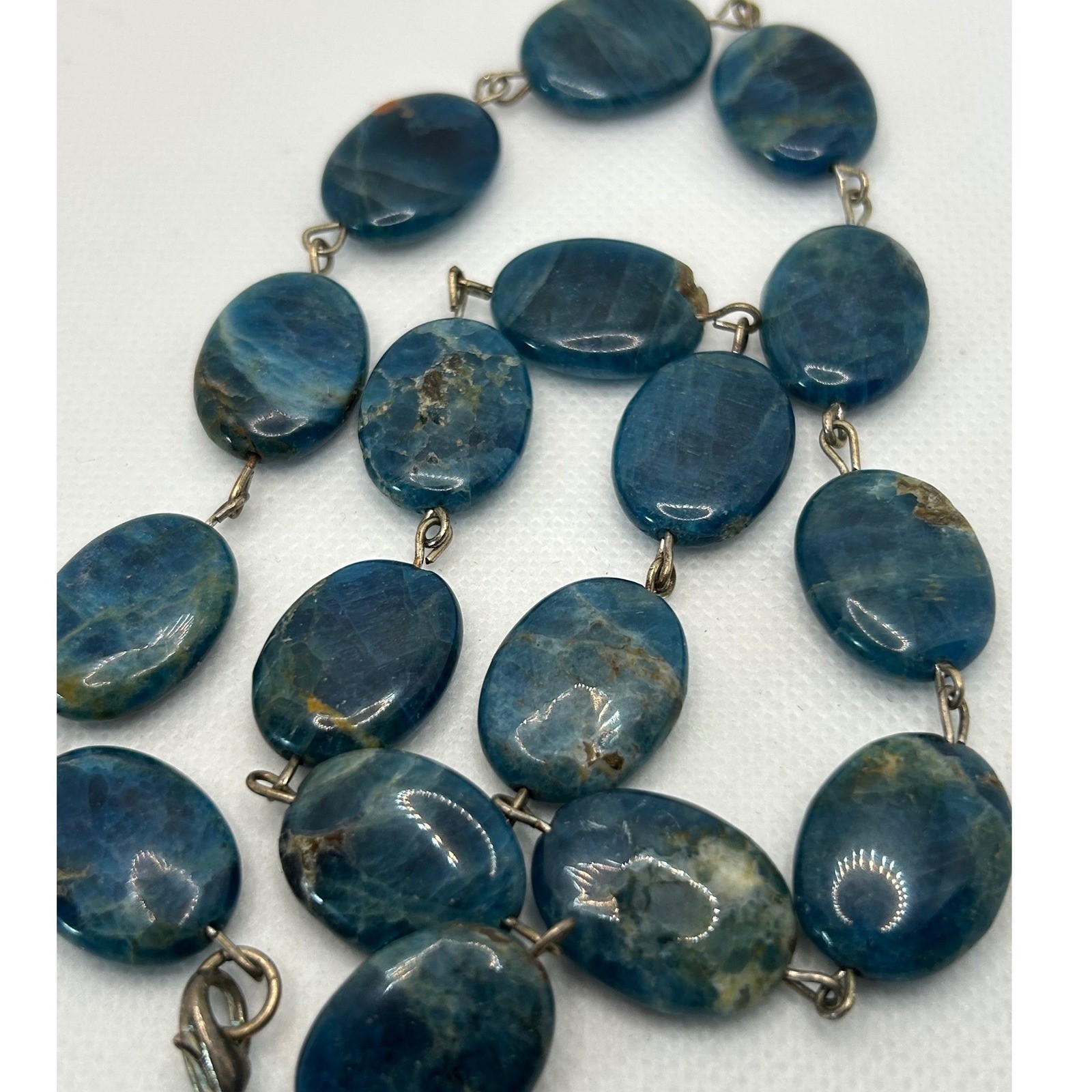 Blue Apatite Oval Stone Necklace Natural Gemstone Beaded 18 in