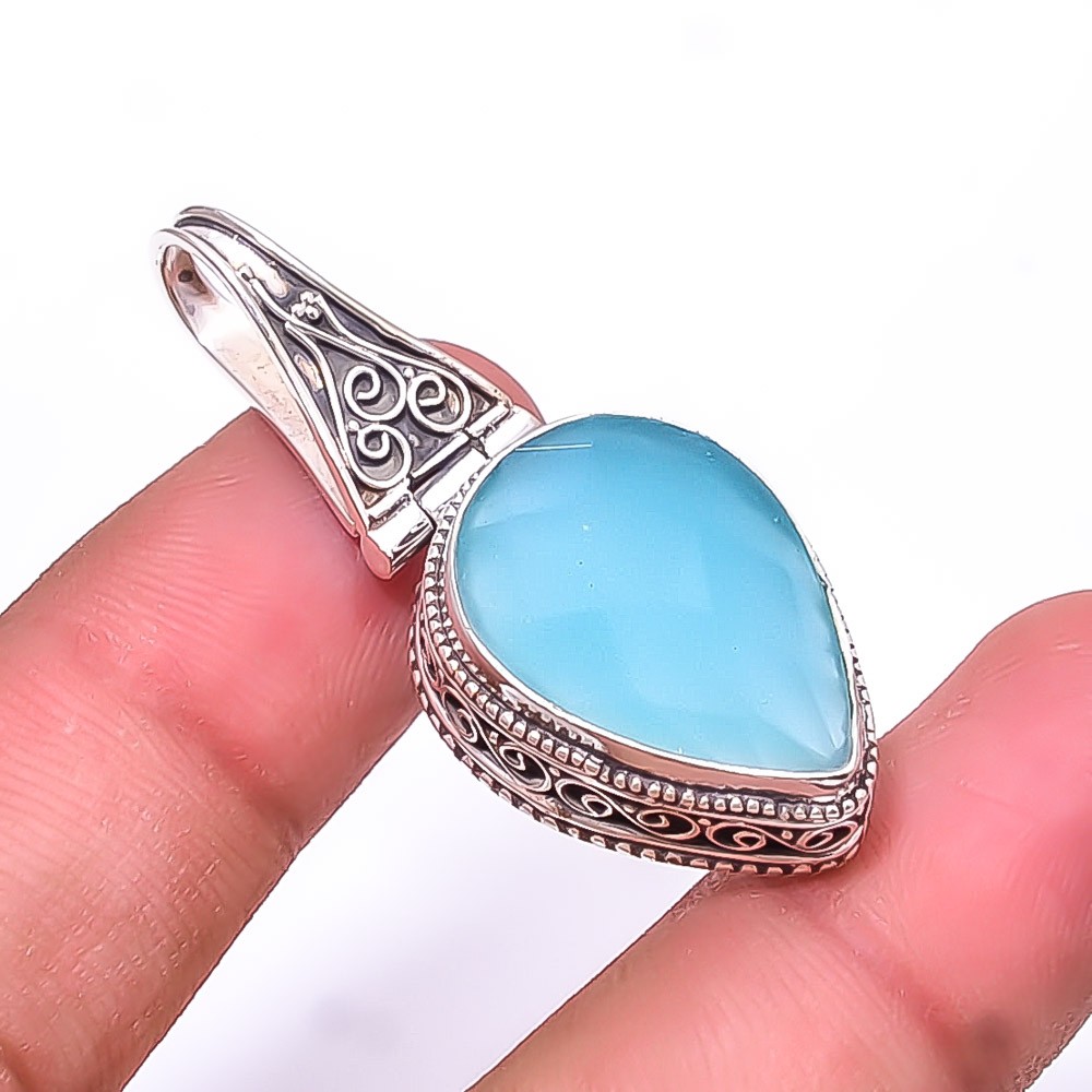 Chalcedony -Brazil Fine Art 925 Sterling Silver Pendant 1.76″ P01 Christmas Gift