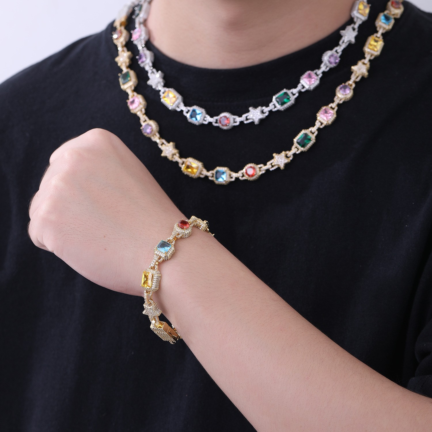 10mm Hip Hop Colored Zircon Crystal Star Chain Necklace Bracelet Choker Jewelry